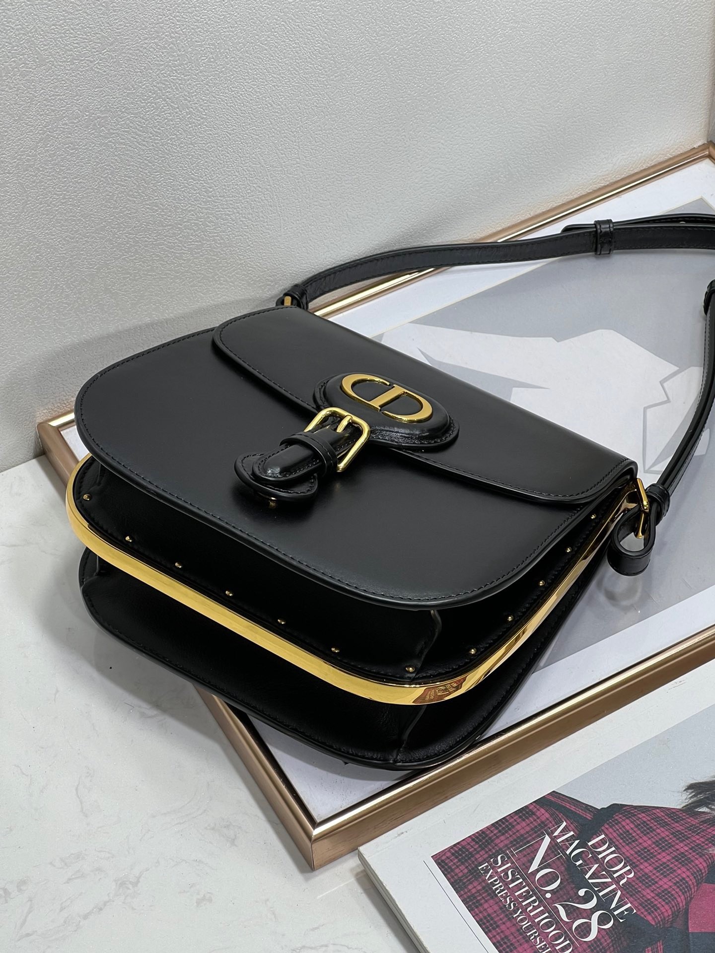 D*or bobby frame bag in black box calfskin