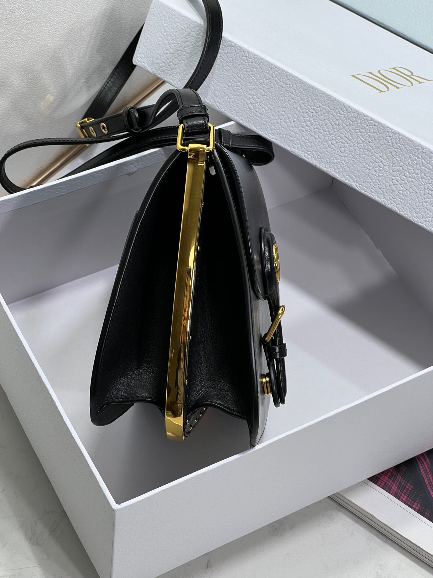 D*or bobby frame bag in black box calfskin