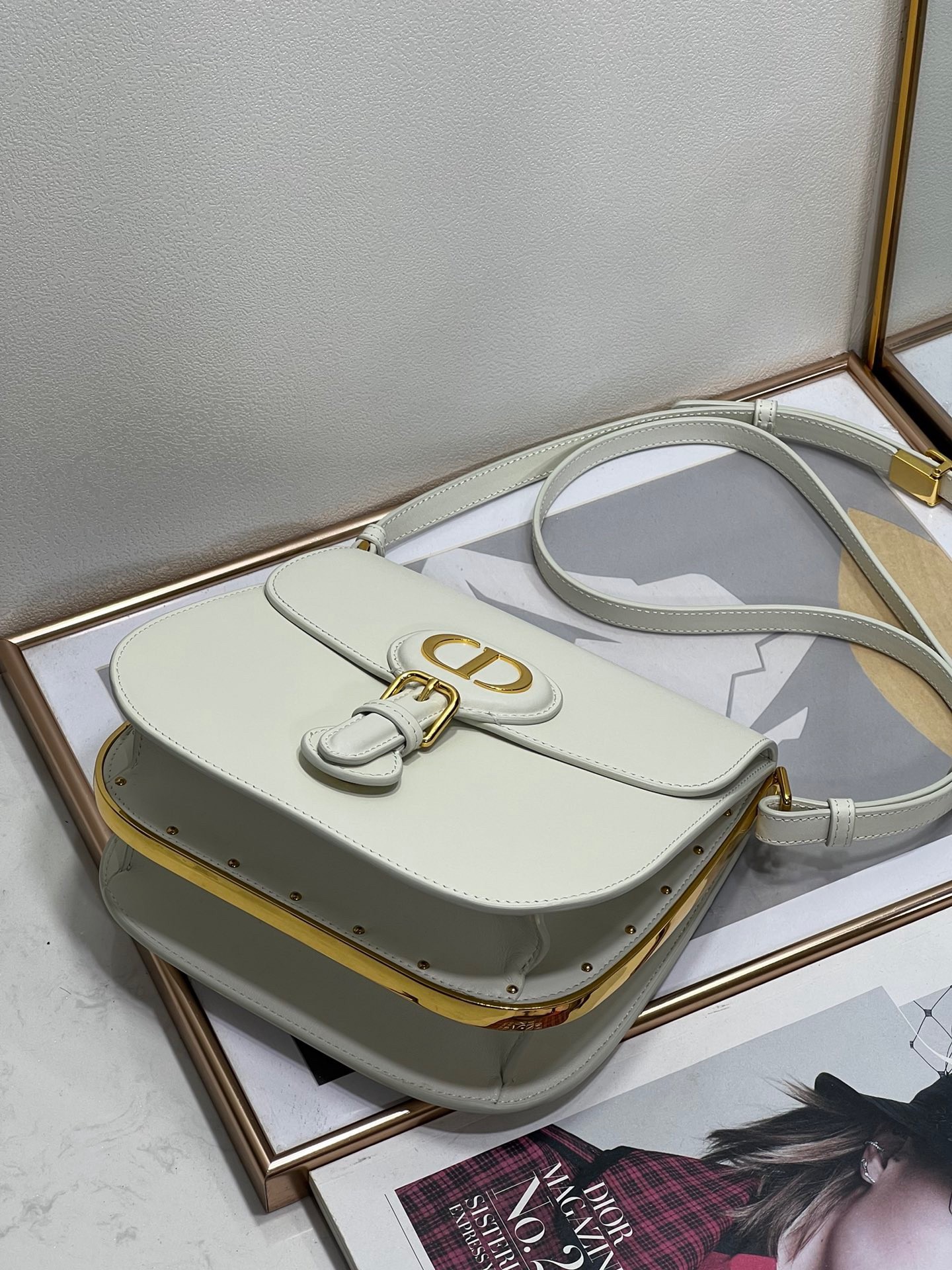 D*or bobby frame bag in white box calfskin