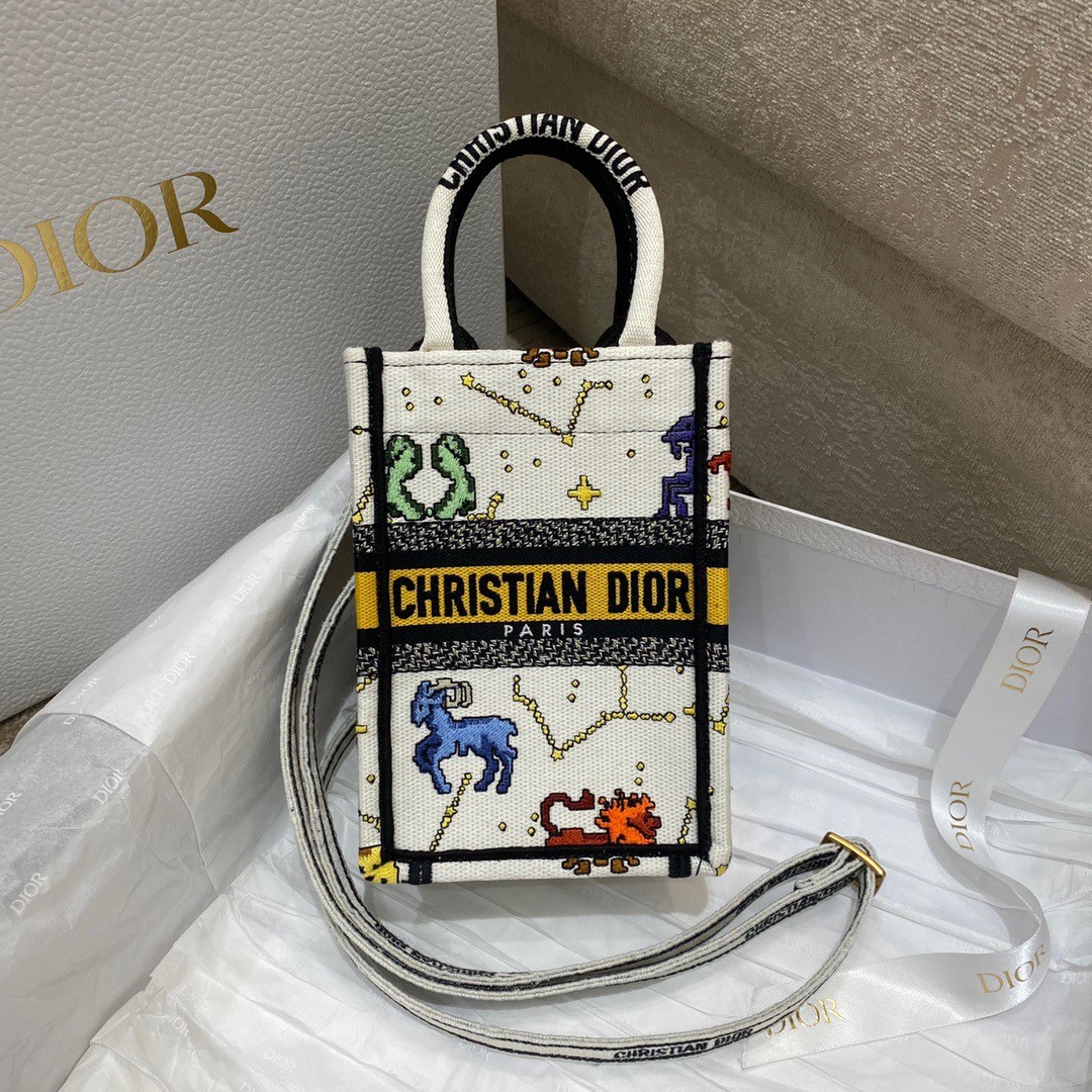 D*or mini book tote phone bag in white pixel zodiac embroidery