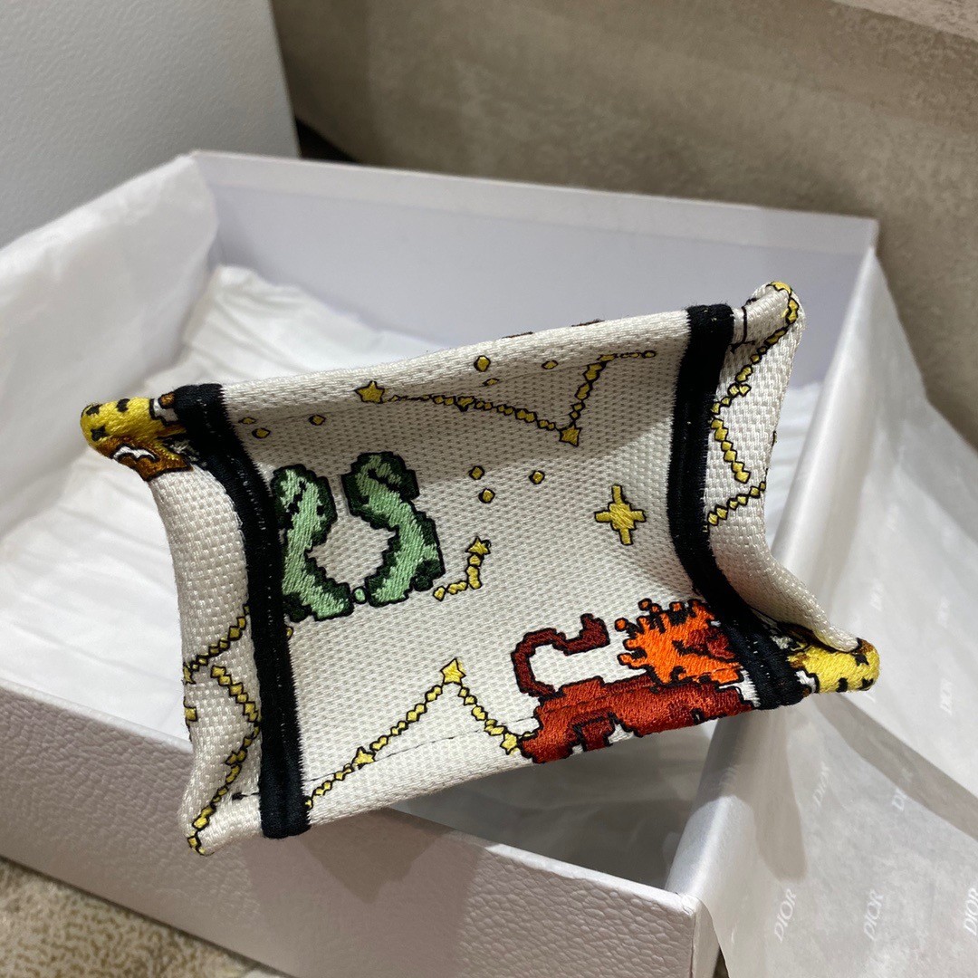 D*or mini book tote phone bag in white pixel zodiac embroidery