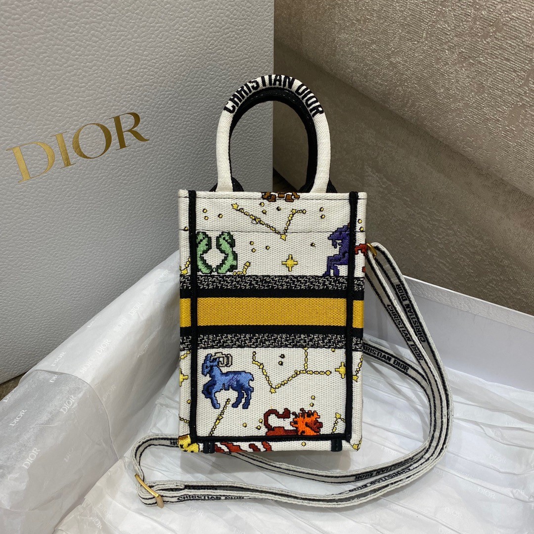 D*or mini book tote phone bag in white pixel zodiac embroidery