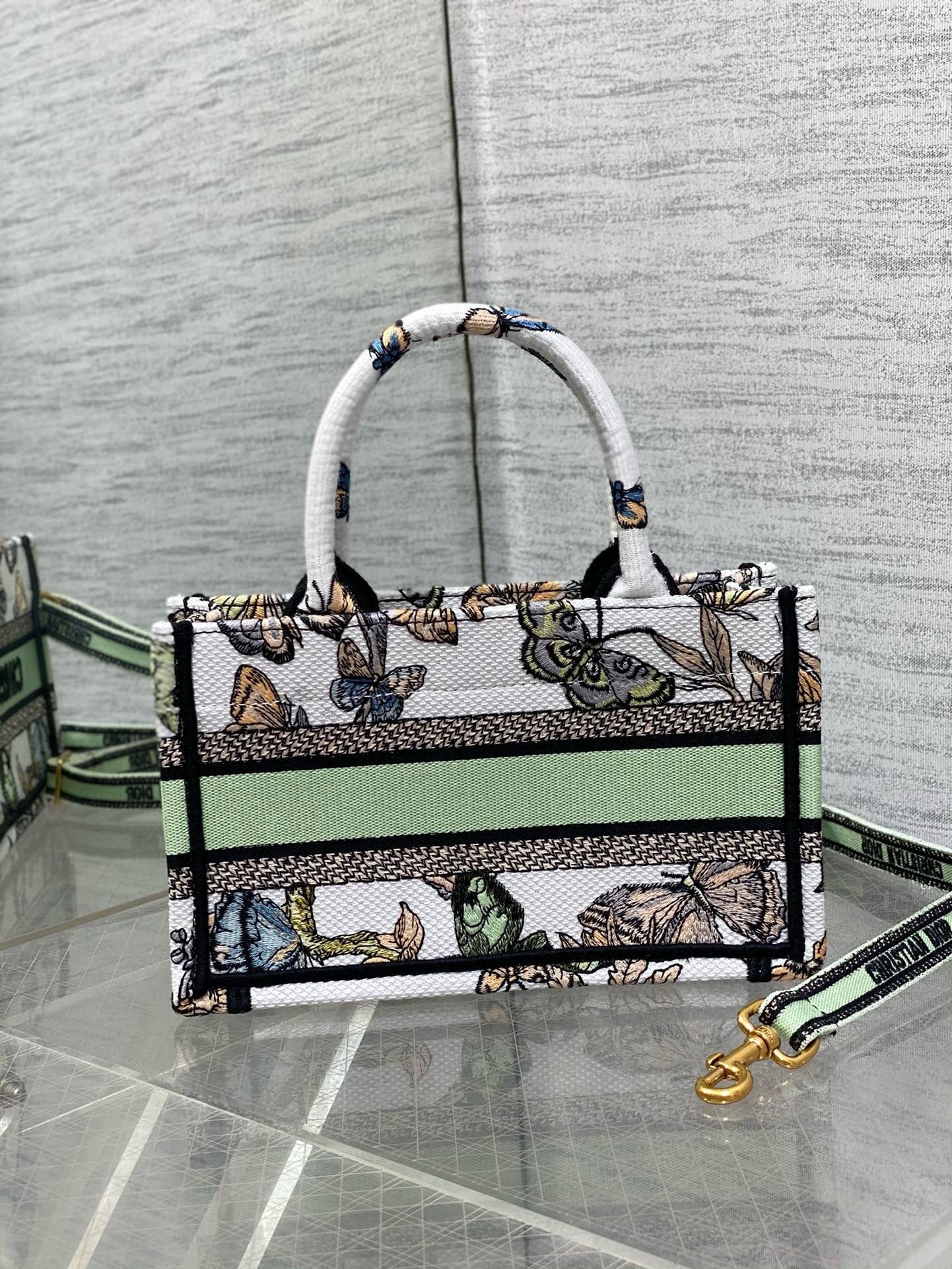 D*or mini book tote with strap in white toile de jouy mexico embroidery