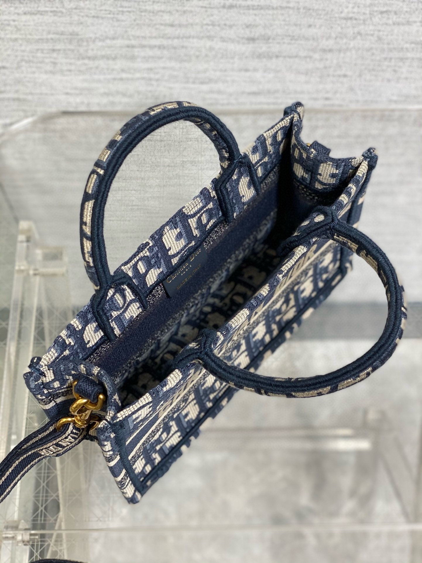 D*or mini book tote with strap in blue D*or oblique embroidery