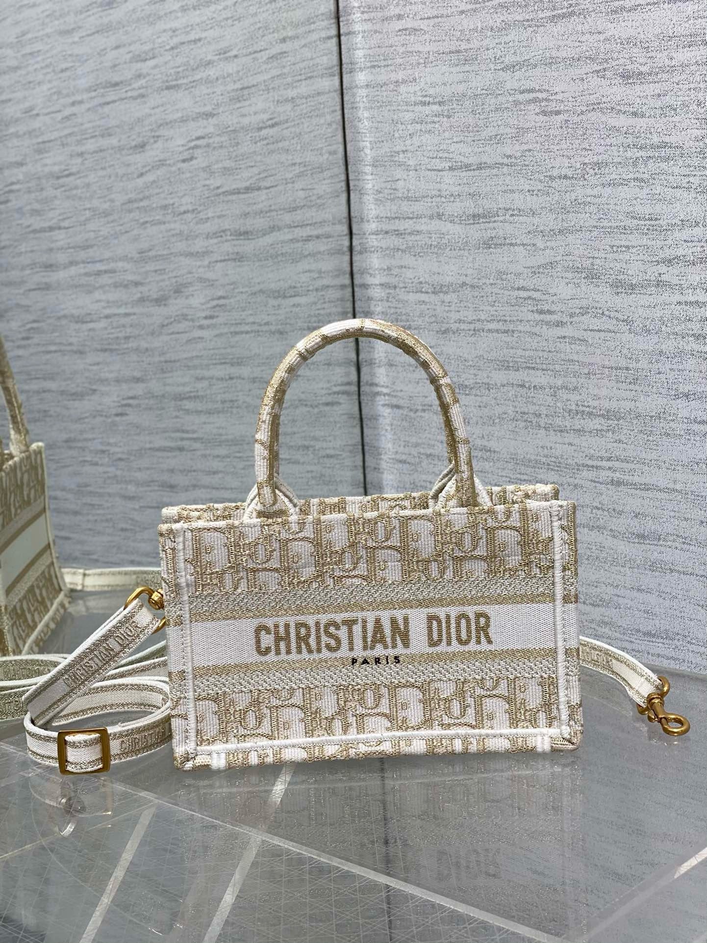 D*or mini book tote with strap in gold-tone D*or oblique embroidery