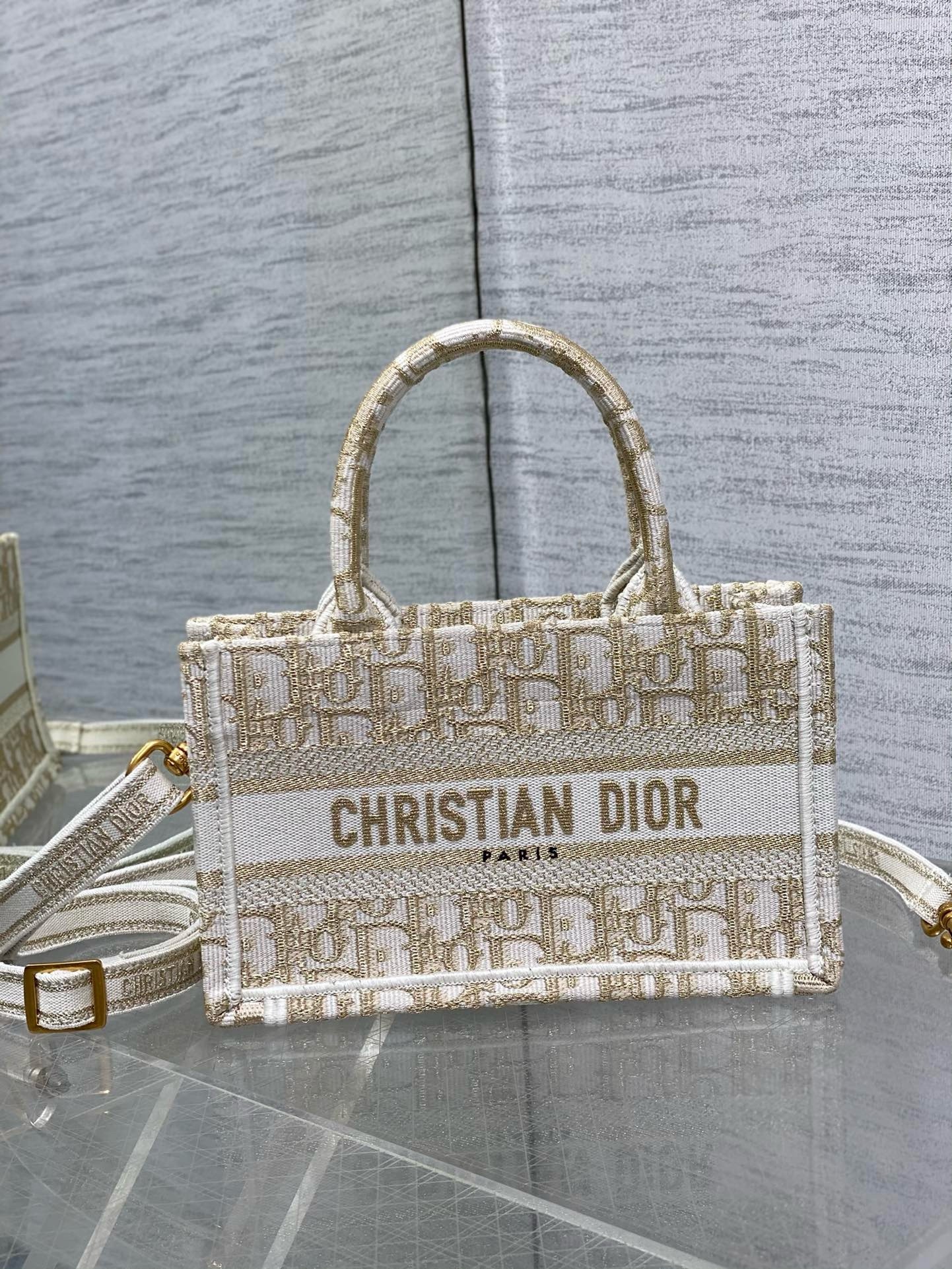 D*or mini book tote with strap in gold-tone D*or oblique embroidery