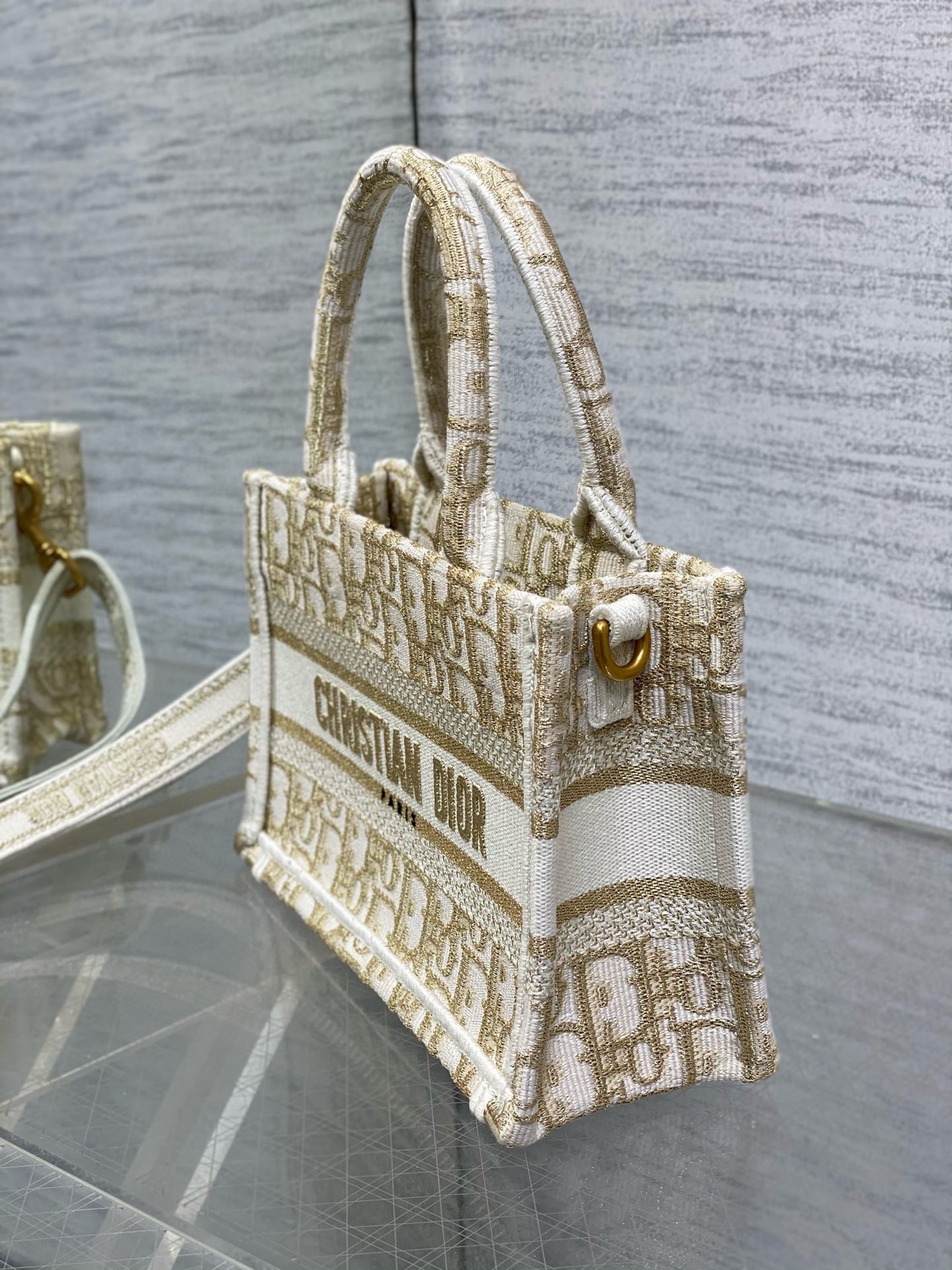 D*or mini book tote with strap in gold-tone D*or oblique embroidery