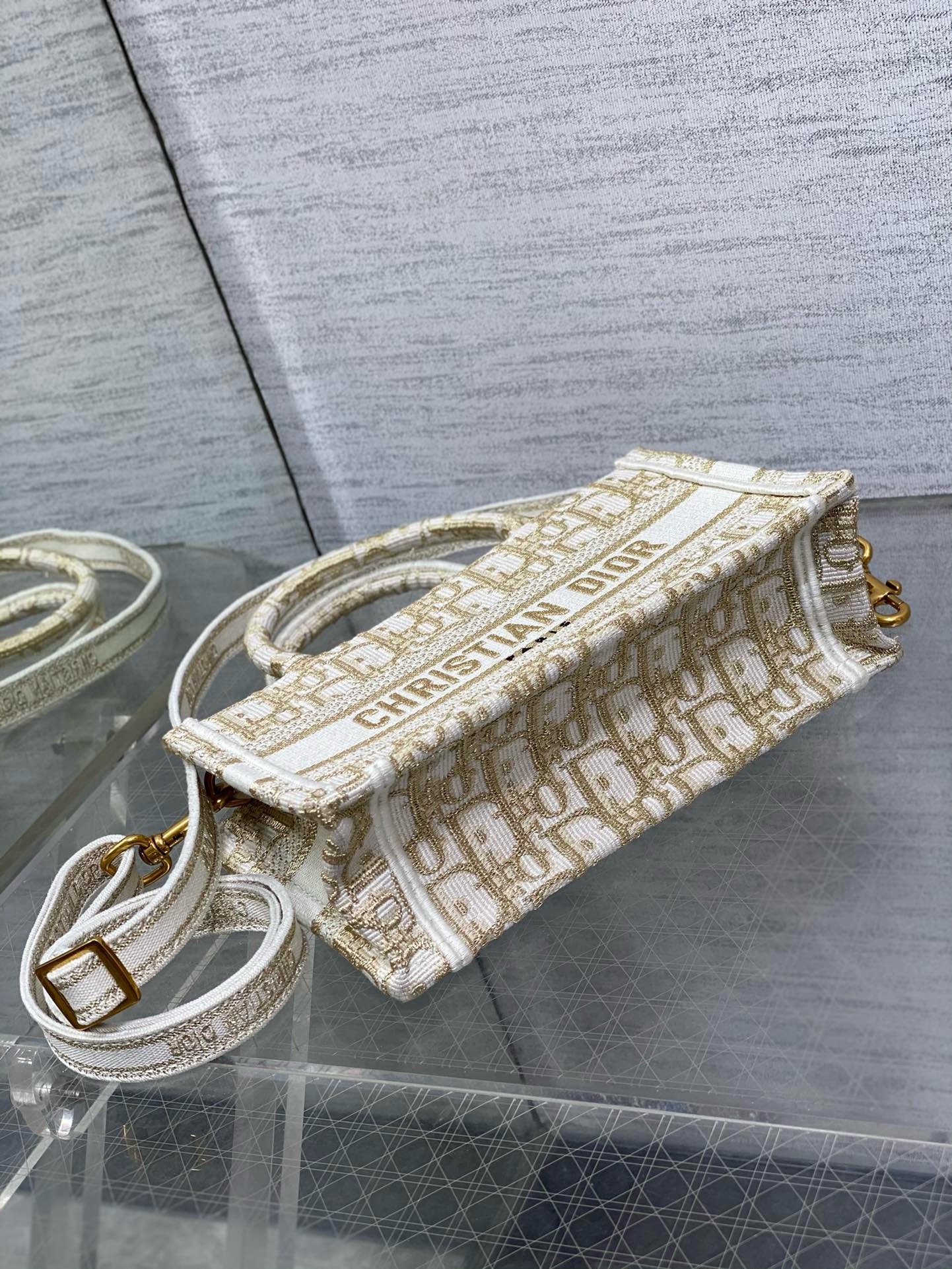 D*or mini book tote with strap in gold-tone D*or oblique embroidery