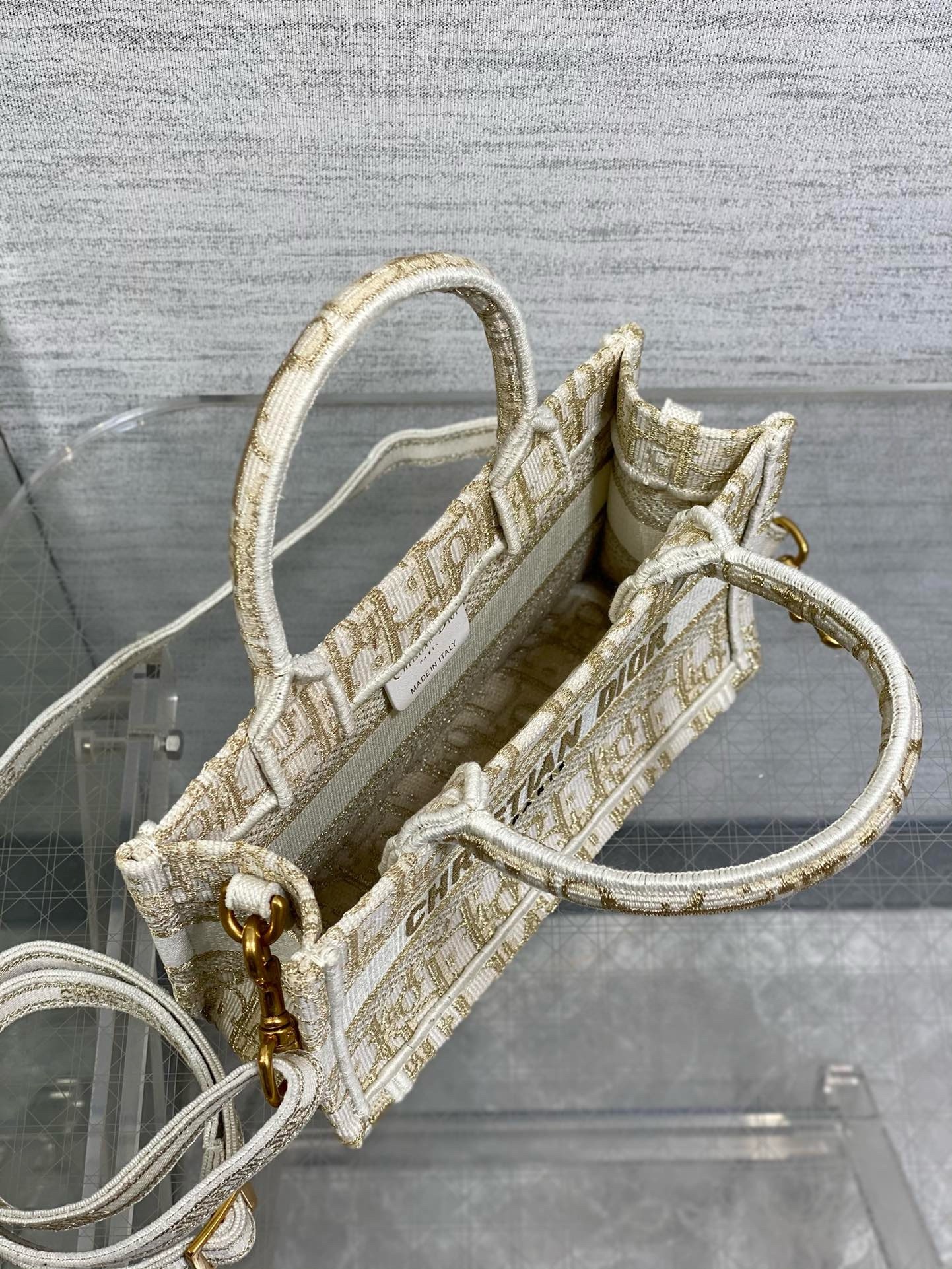 D*or mini book tote with strap in gold-tone D*or oblique embroidery
