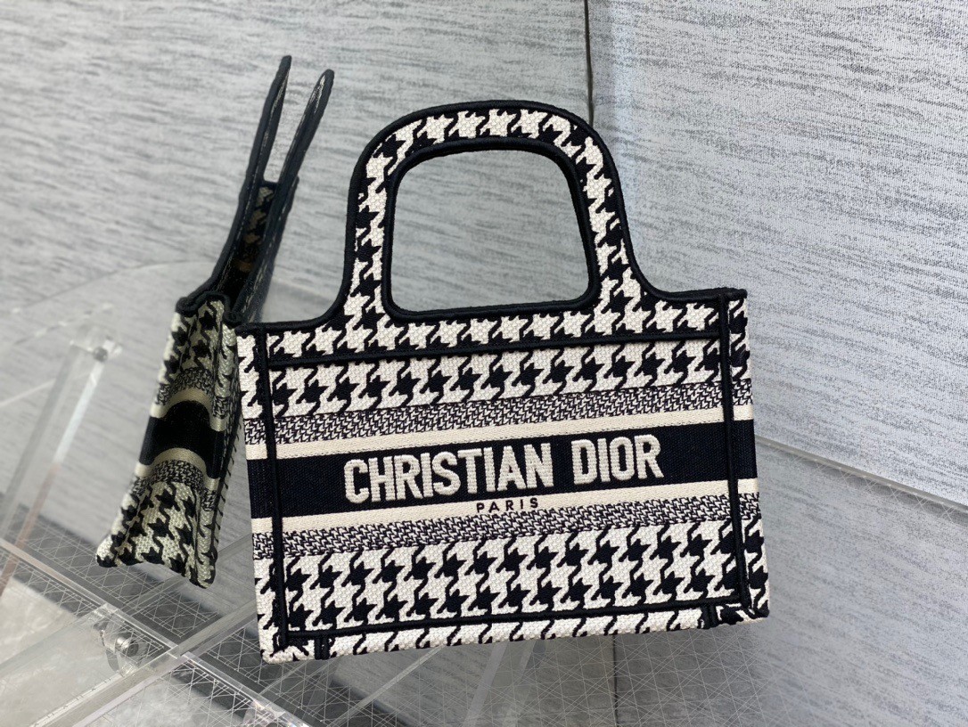 D*or mini book tote bag in micro houndstooth embroidery