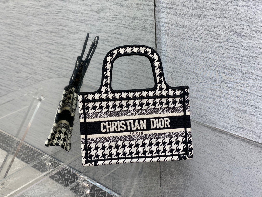 D*or mini book tote bag in micro houndstooth embroidery