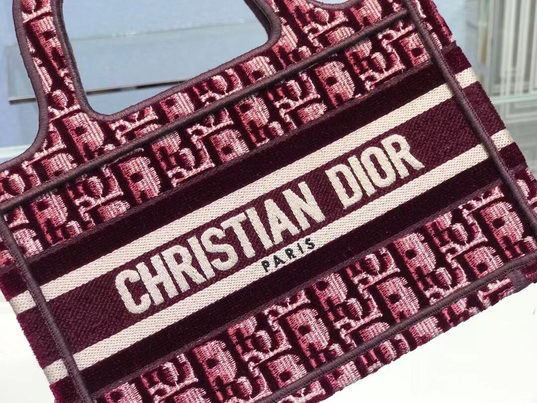 D*or mini book tote bag in bordeaux oblique embroidered velvet