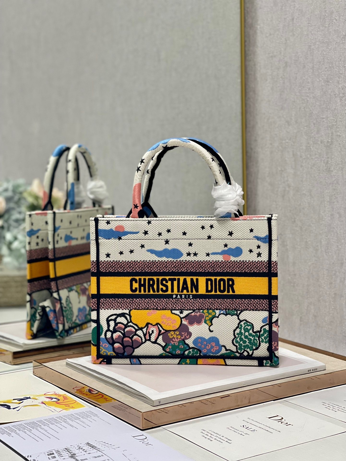D*or small book tote bag in ciel de reve embroidery