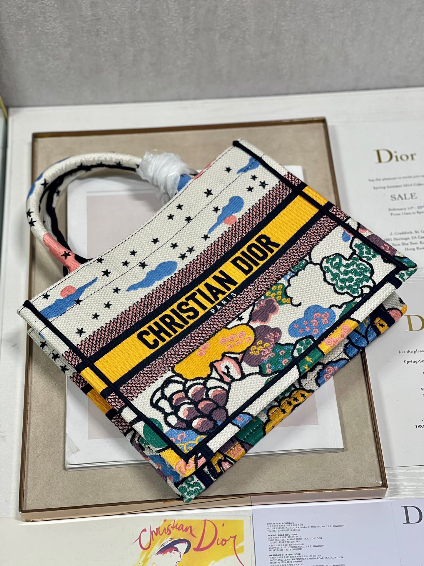 D*or small book tote bag in ciel de reve embroidery
