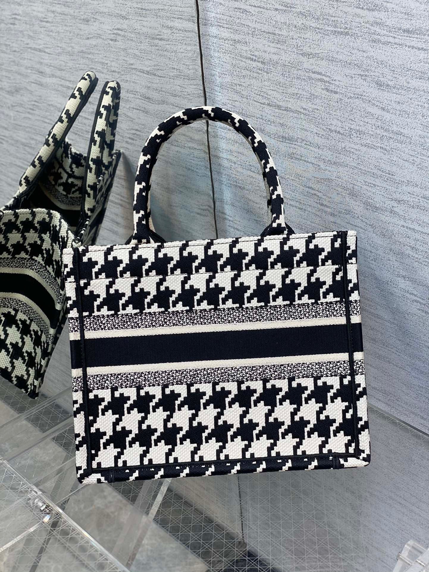 D*or small book tote bag in micro houndstooth embroidery