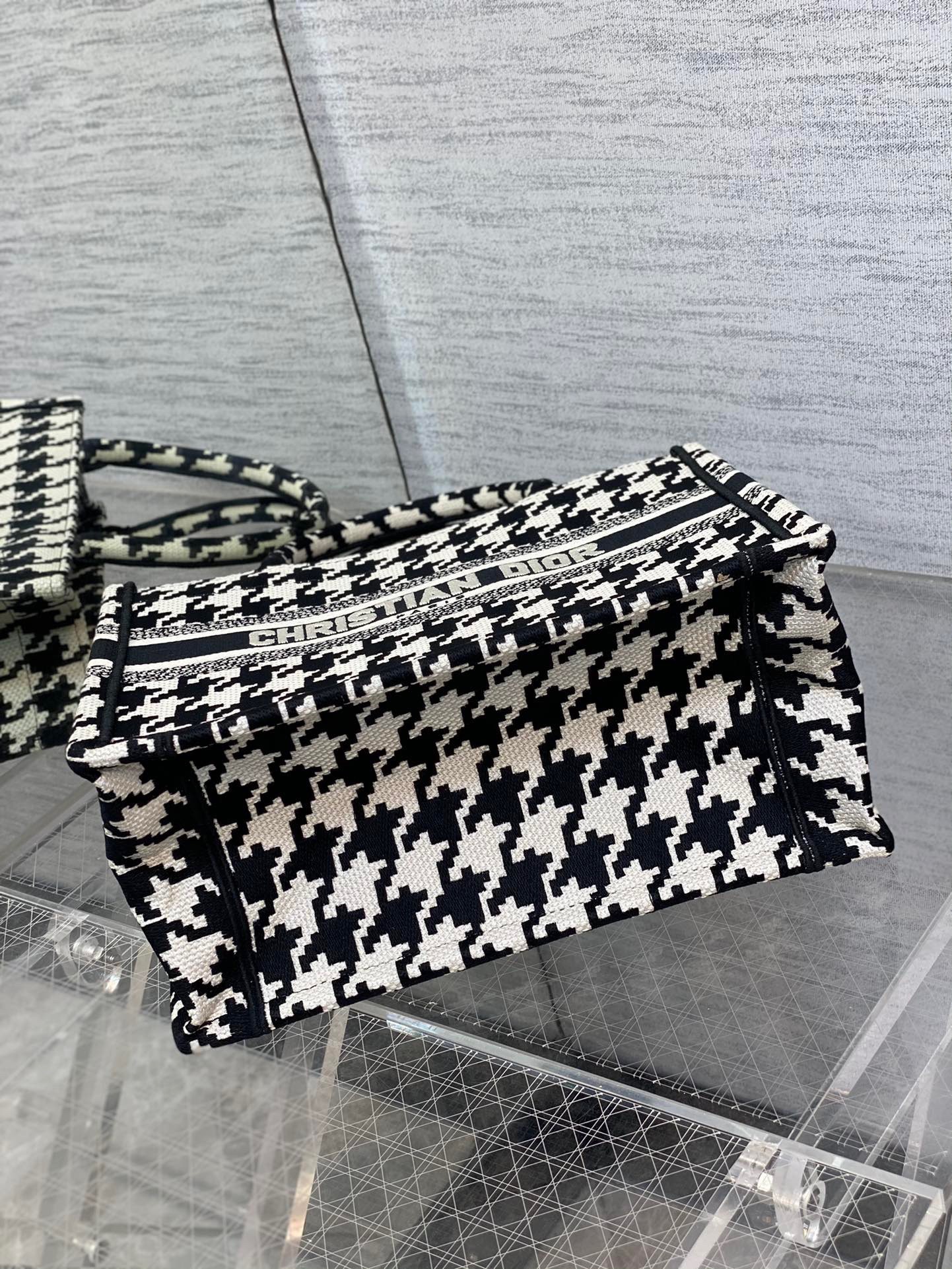 D*or small book tote bag in micro houndstooth embroidery