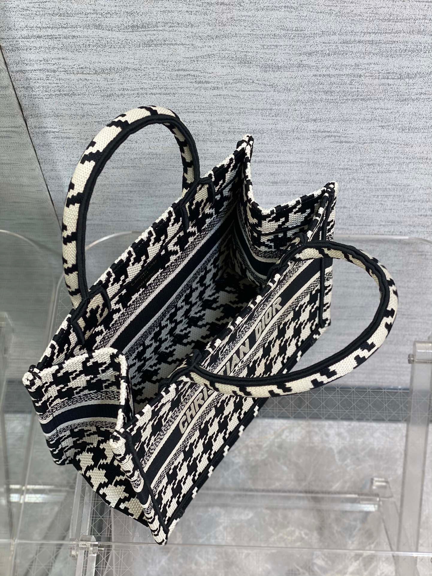 D*or small book tote bag in micro houndstooth embroidery
