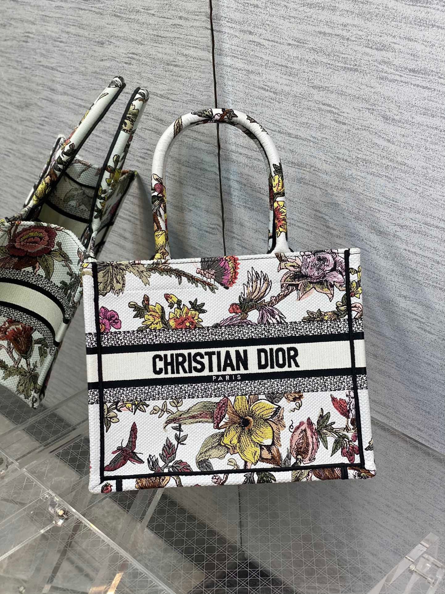 D*or small book tote bag in white multicolor jardin botanique embroidery