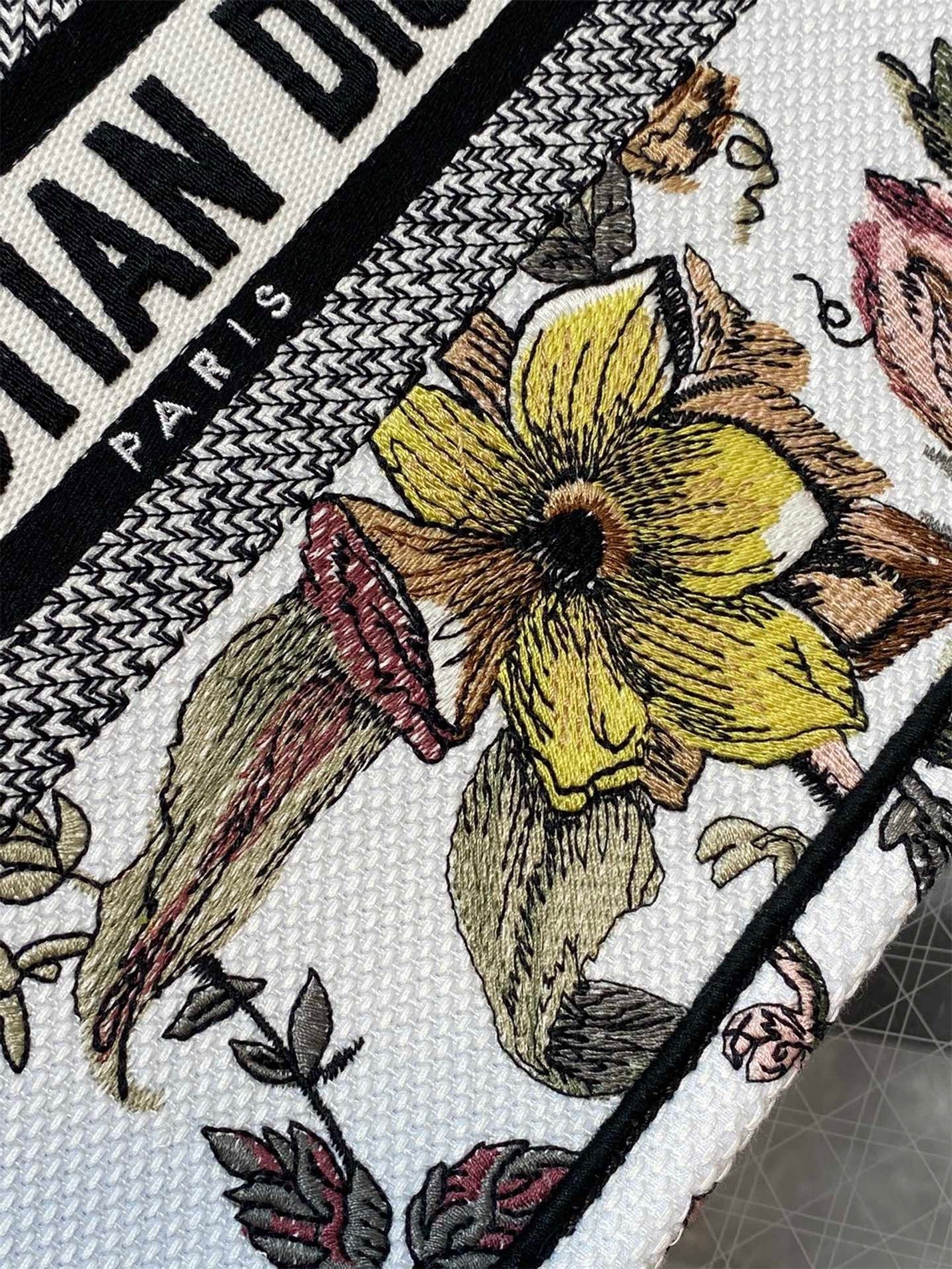 D*or small book tote bag in white multicolor jardin botanique embroidery