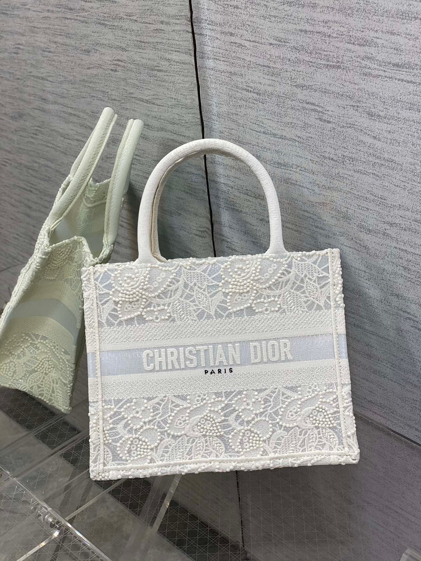 D*or small book tote bag in natural macrame-effect embroidery
