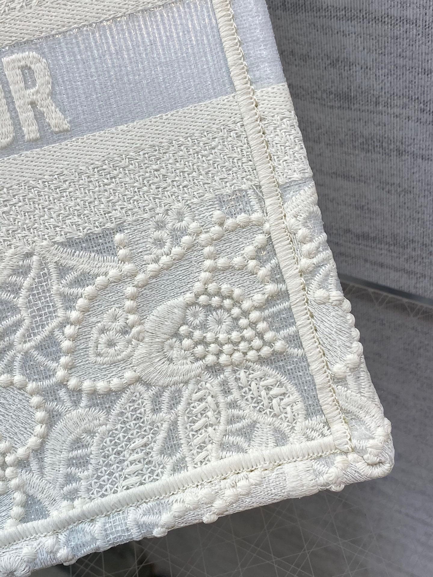 D*or small book tote bag in natural macrame-effect embroidery