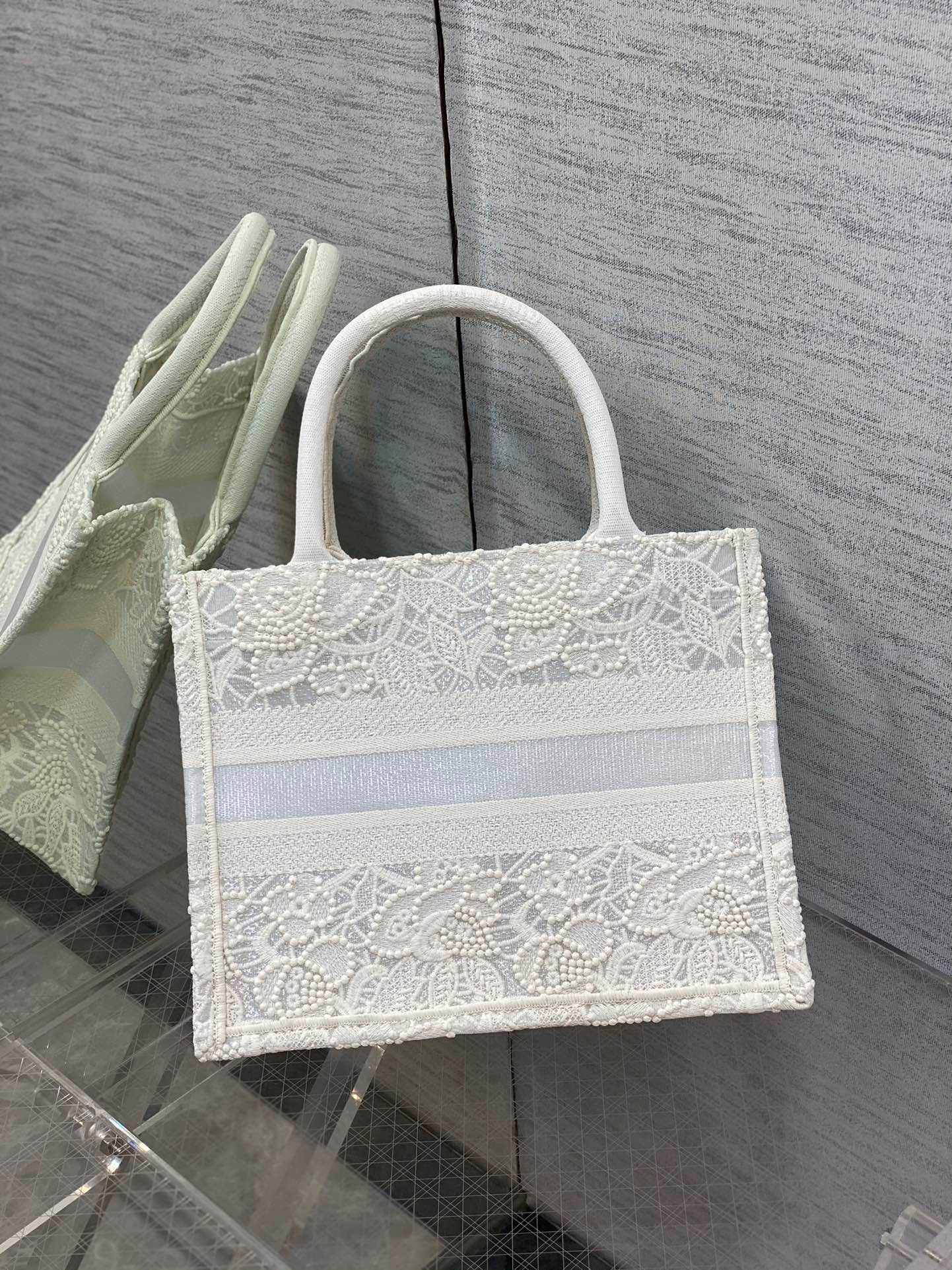 D*or small book tote bag in natural macrame-effect embroidery