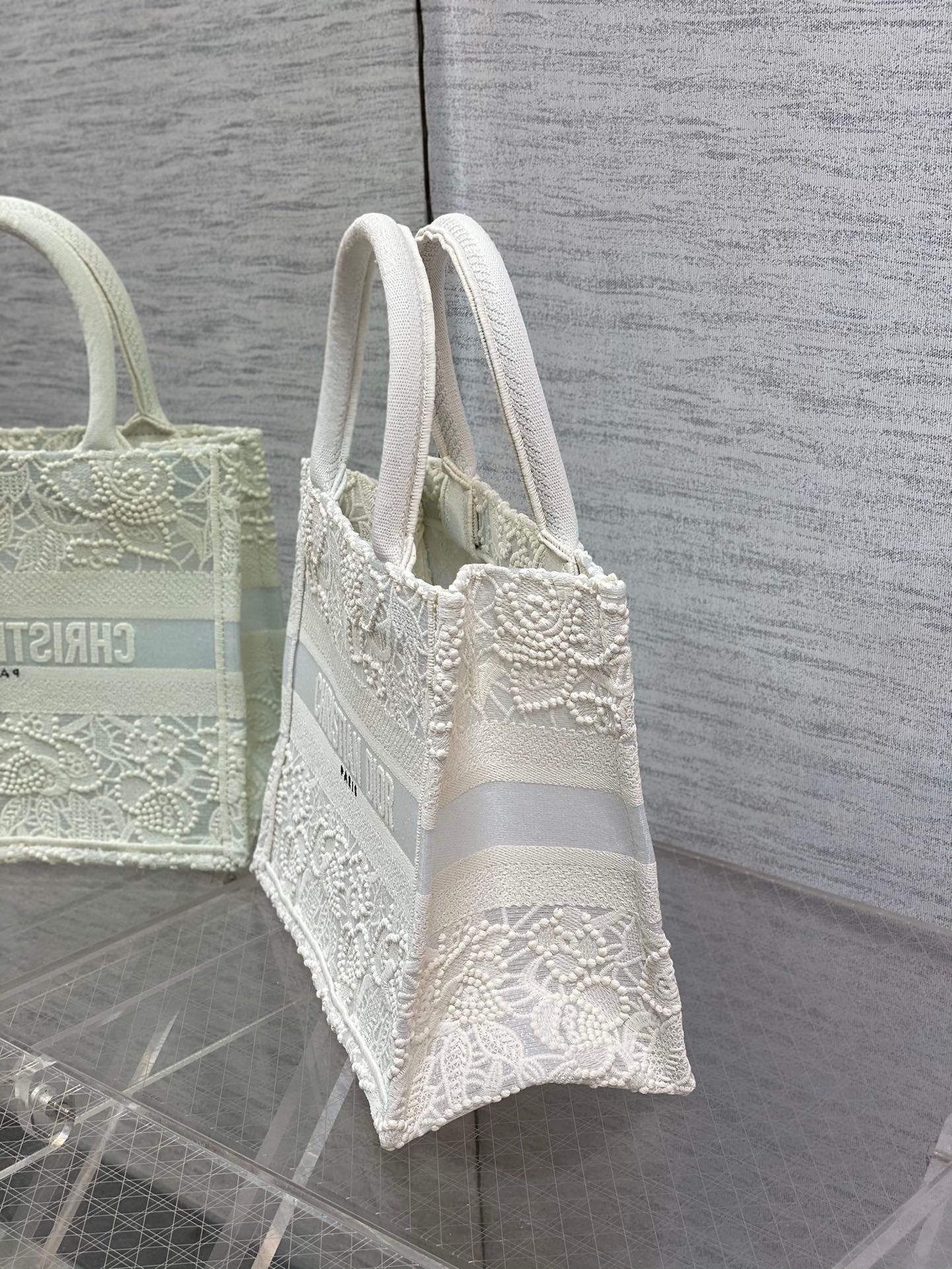 D*or small book tote bag in natural macrame-effect embroidery