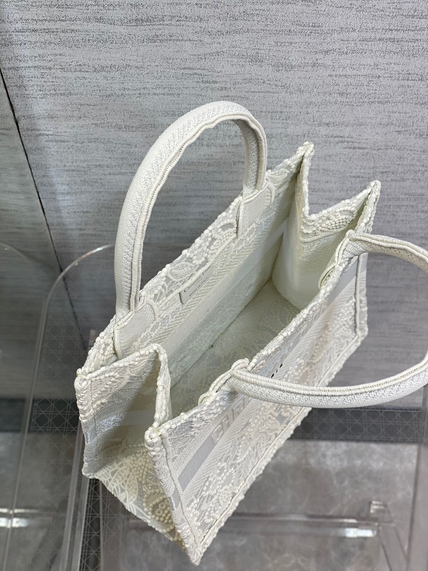 D*or small book tote bag in natural macrame-effect embroidery