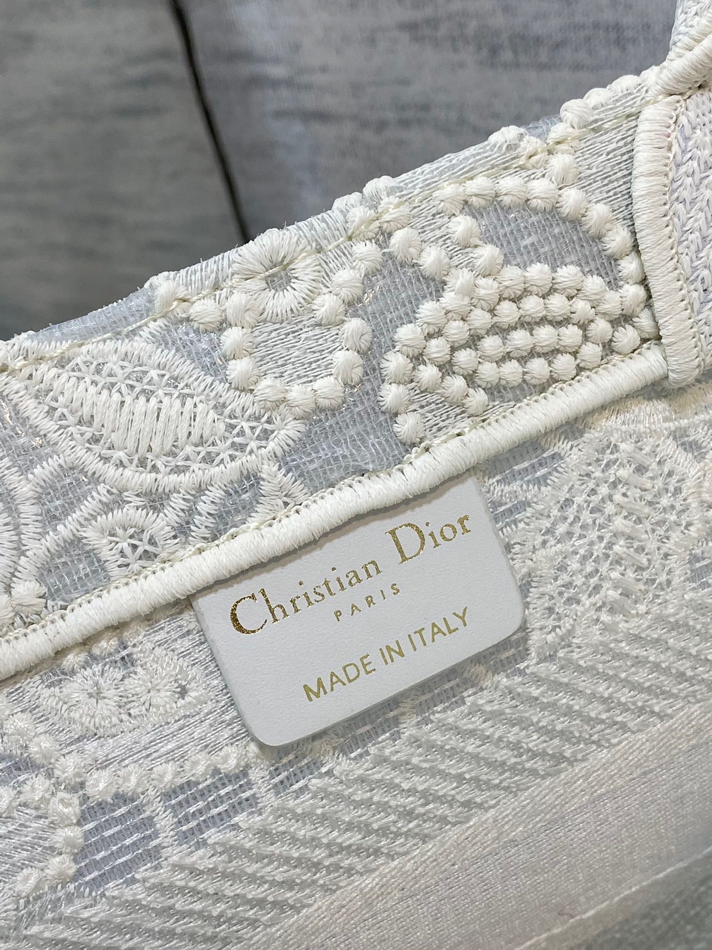 D*or small book tote bag in natural macrame-effect embroidery
