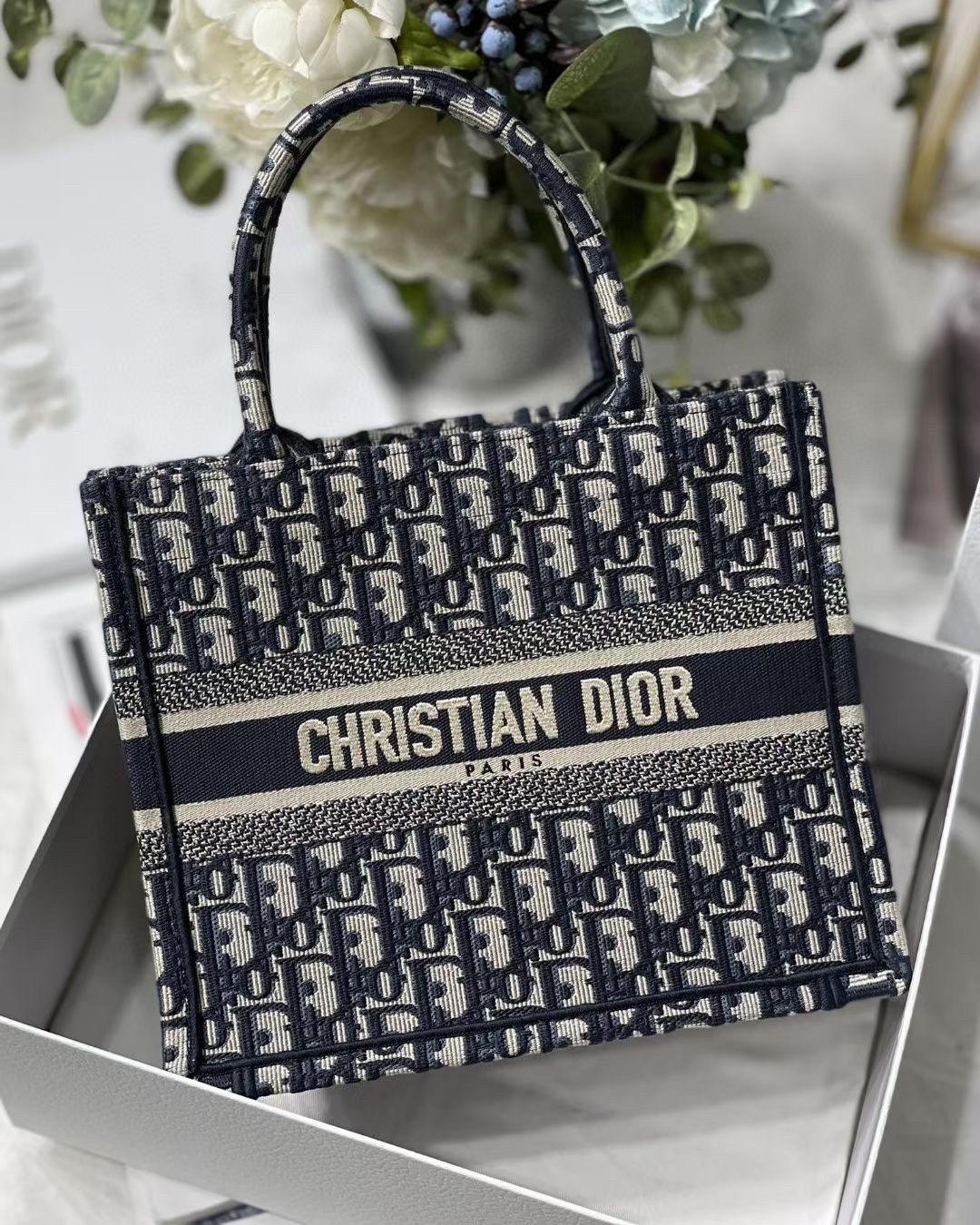 D*or new small book tote in blue D*or oblique jacquard