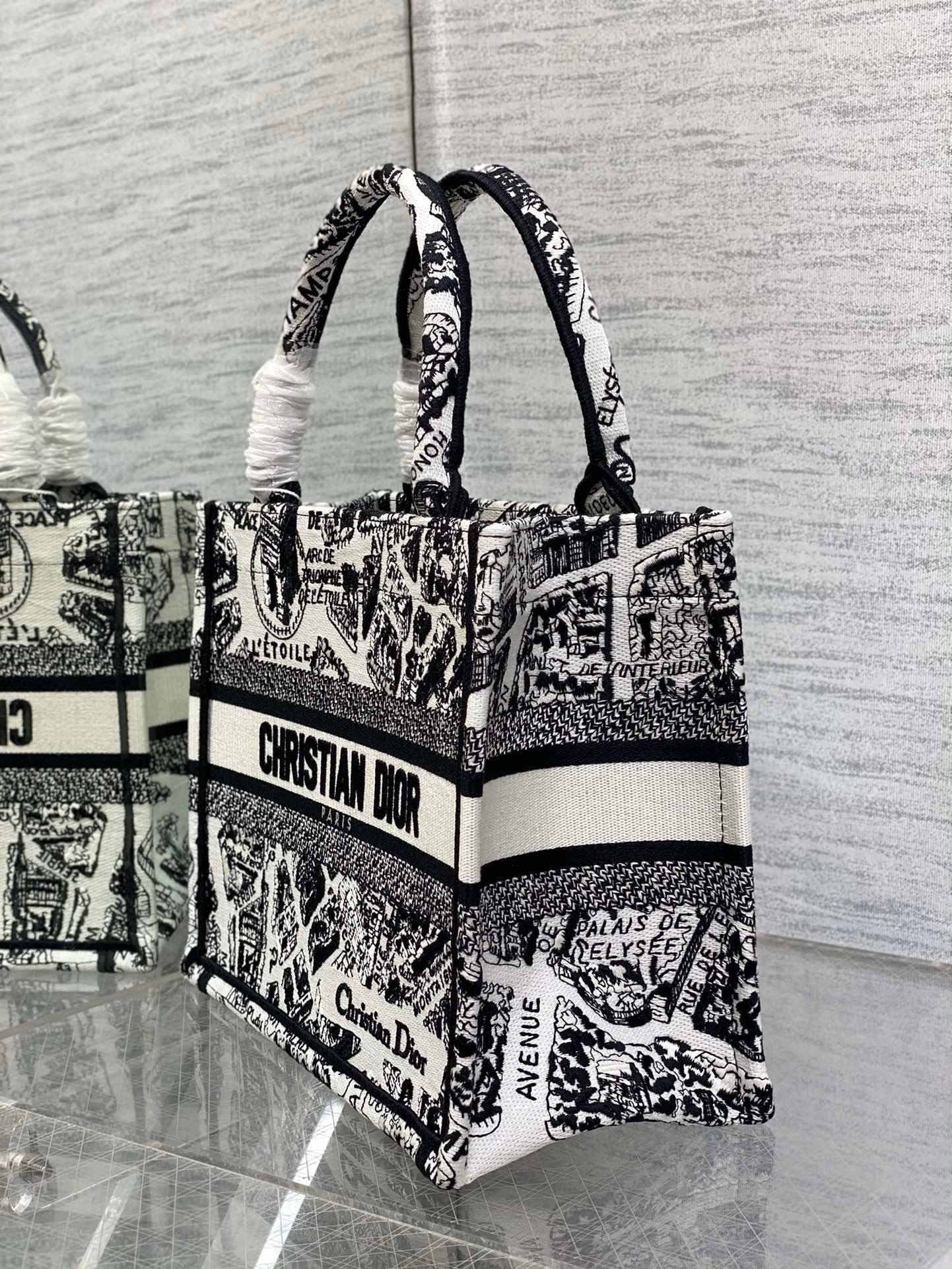 D*or small book tote bag in white plan de paris embroidery