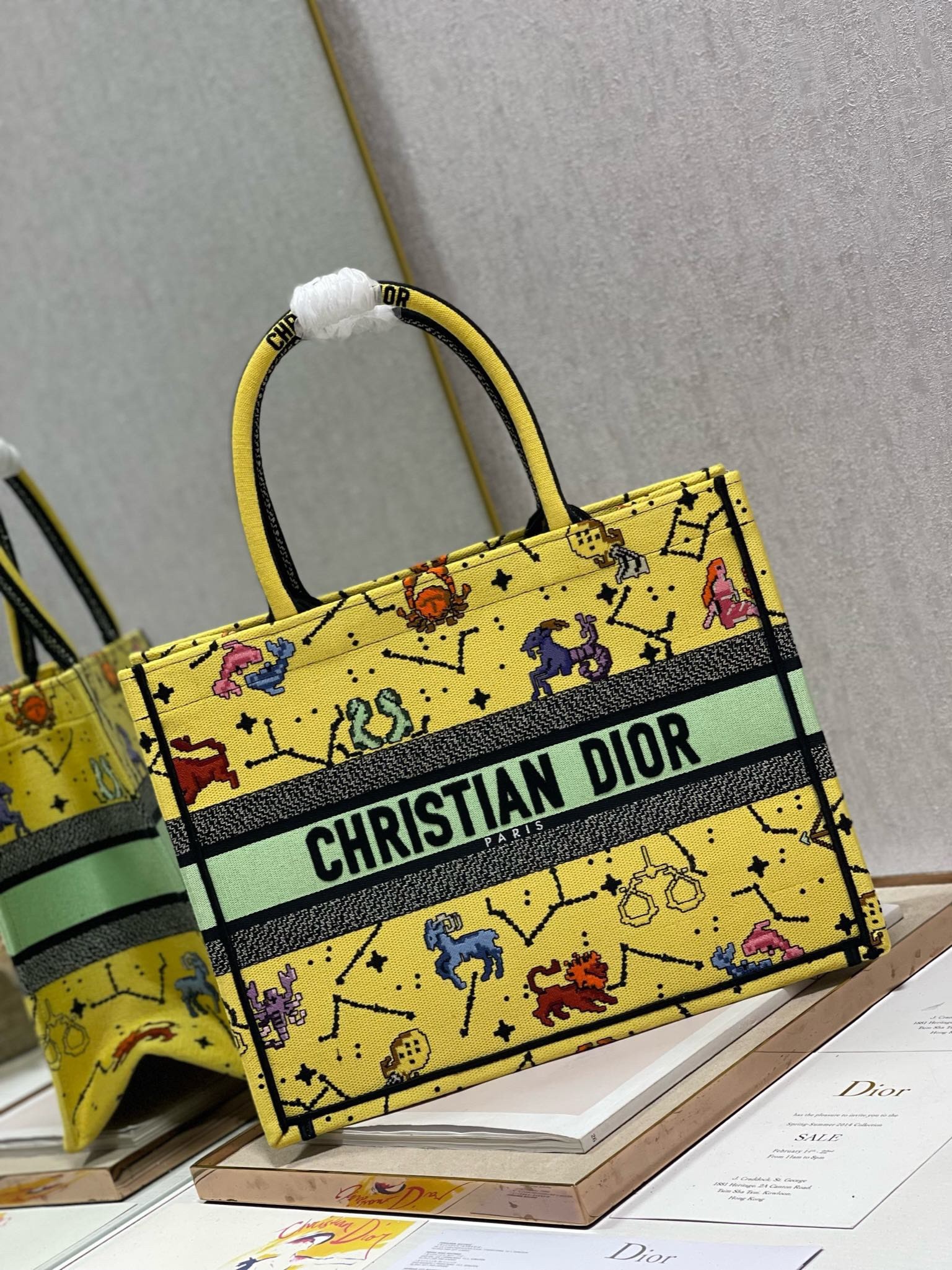 D*or small book tote bag in yellow multicolor pixel zodiac embroidery