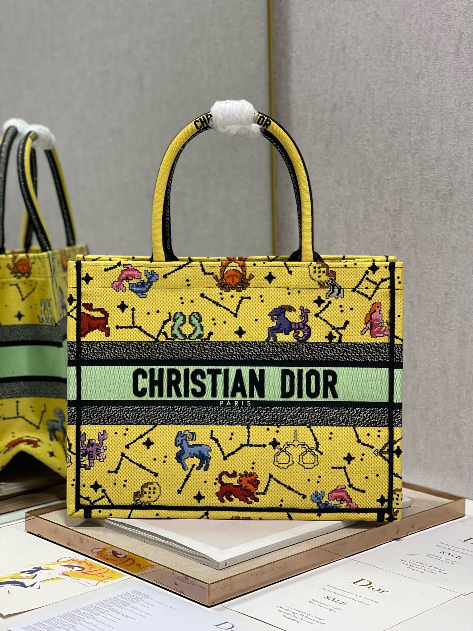 D*or small book tote bag in yellow multicolor pixel zodiac embroidery