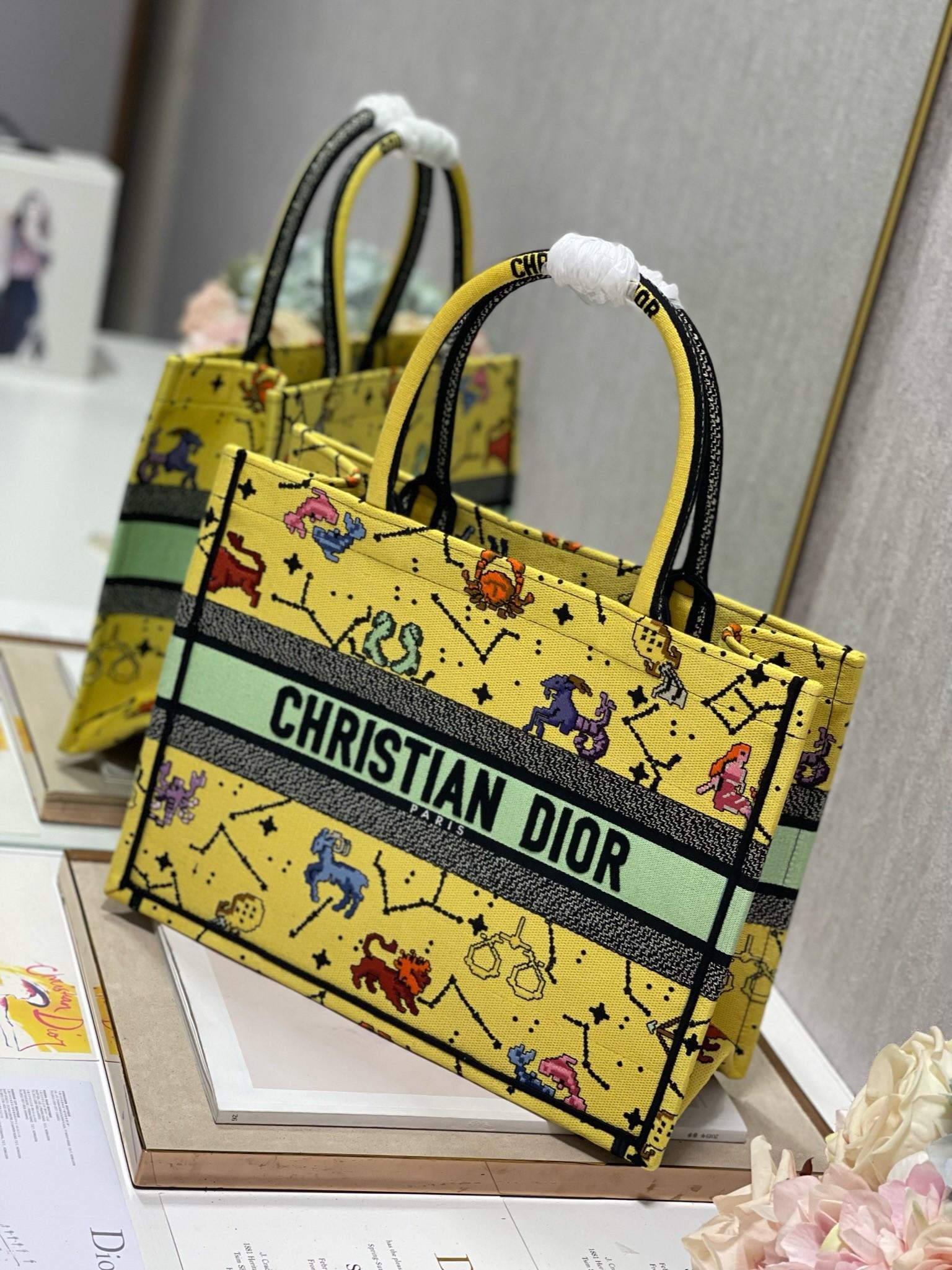 D*or small book tote bag in yellow multicolor pixel zodiac embroidery