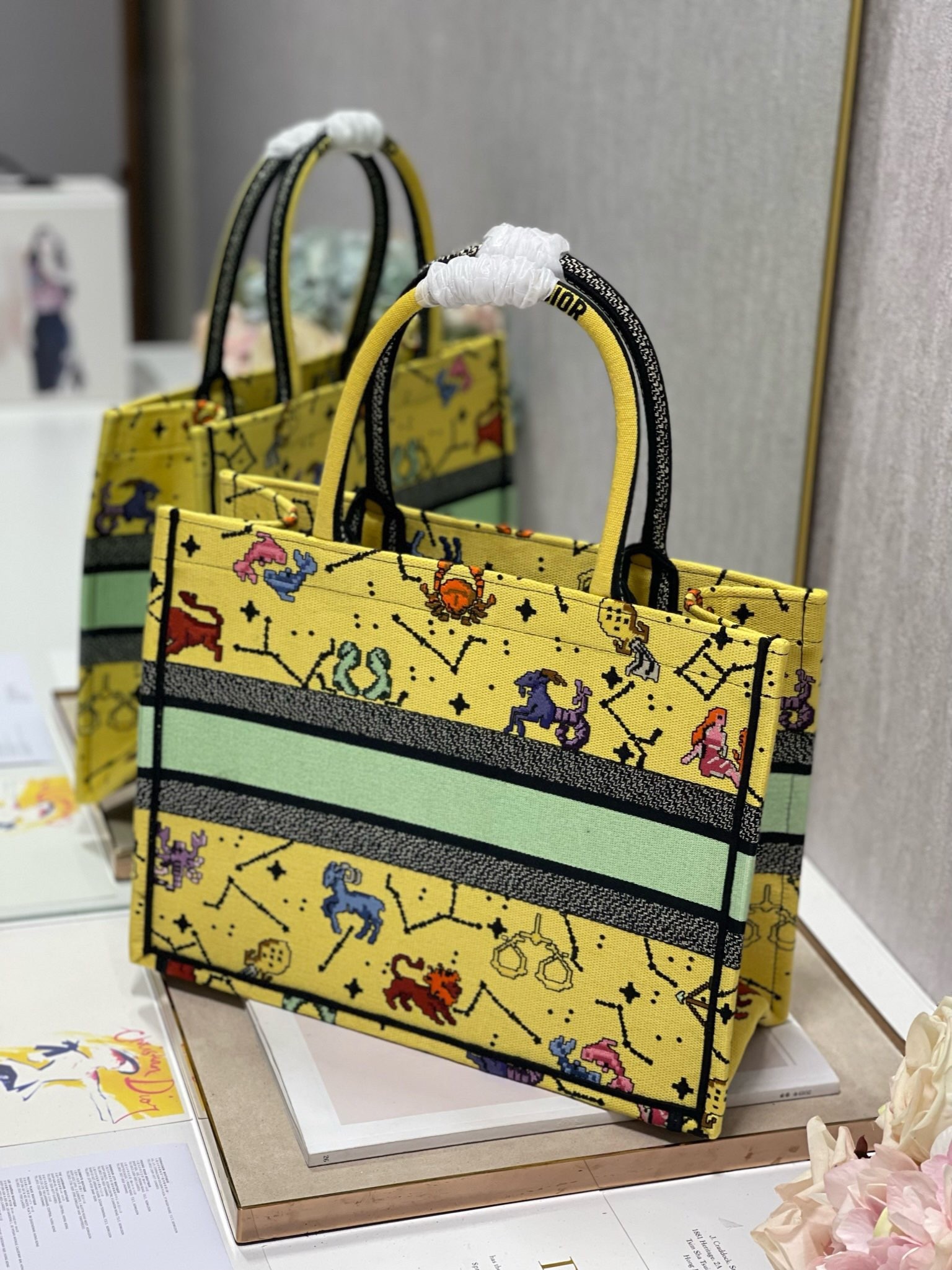 D*or small book tote bag in yellow multicolor pixel zodiac embroidery