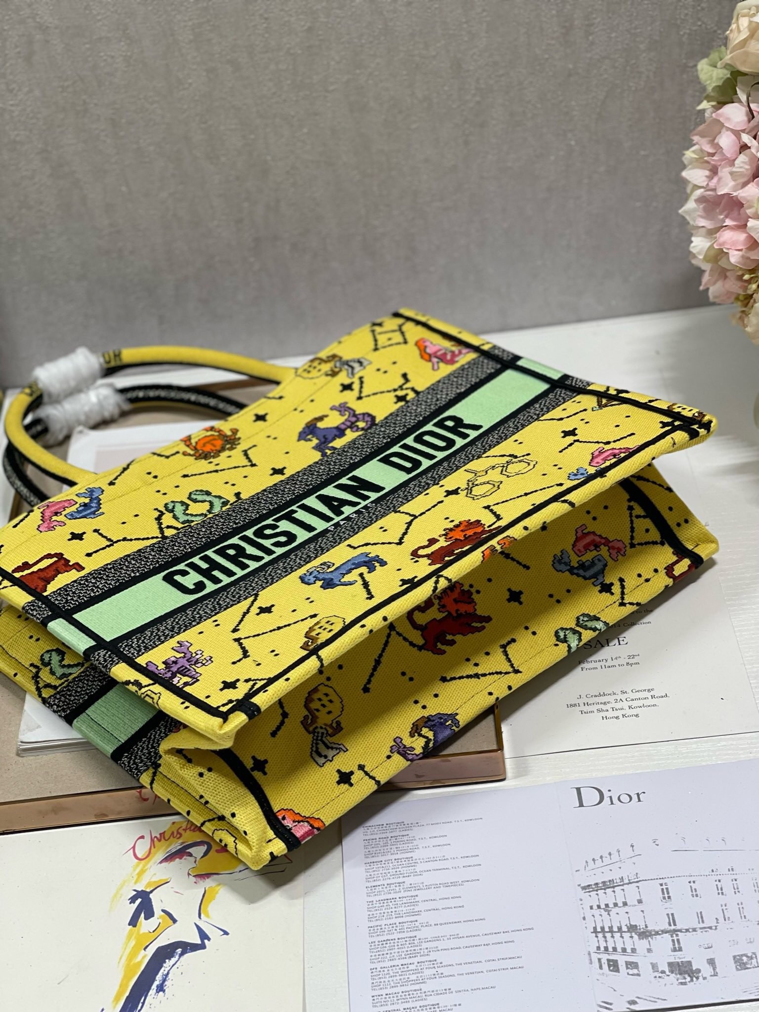 D*or small book tote bag in yellow multicolor pixel zodiac embroidery