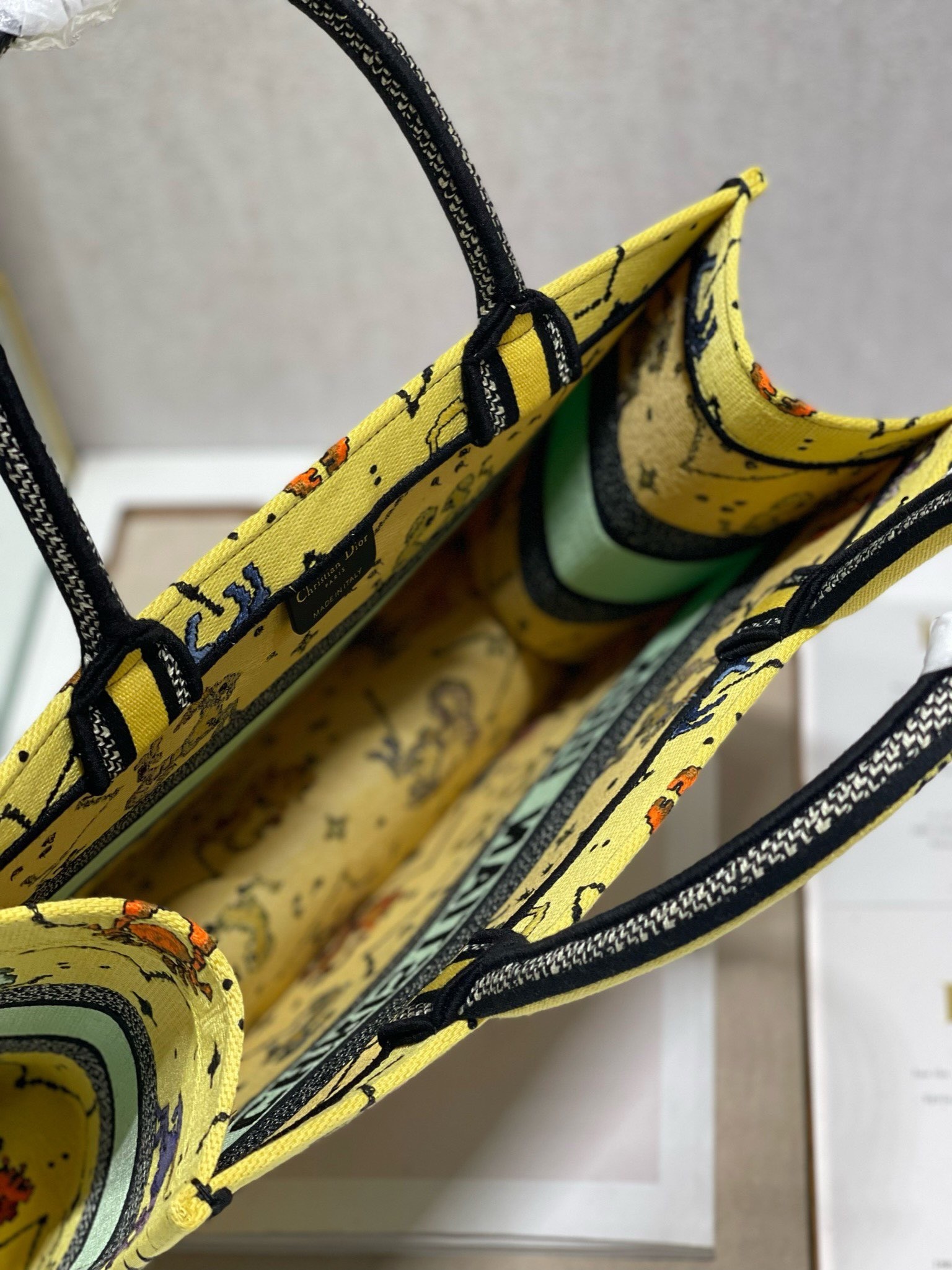 D*or small book tote bag in yellow multicolor pixel zodiac embroidery