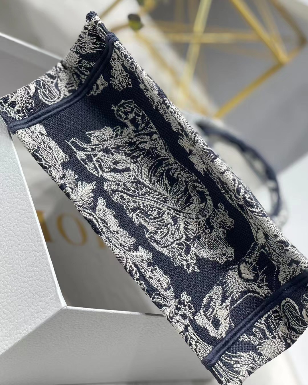 D*or new small book tote in blue toile de jouy reverse embroidery