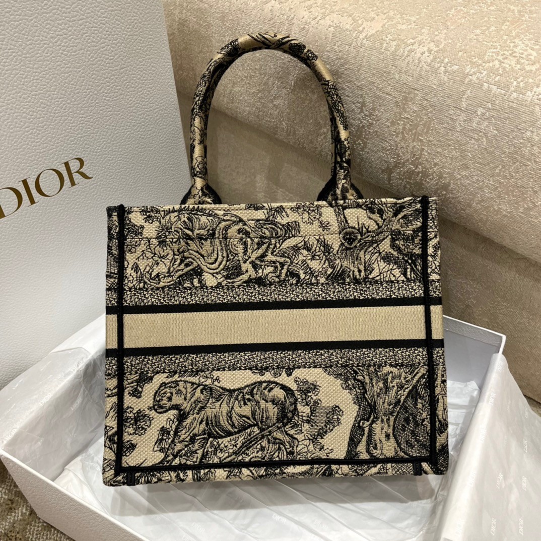 D*or small book tote bag in brown toile de jouy embroidery