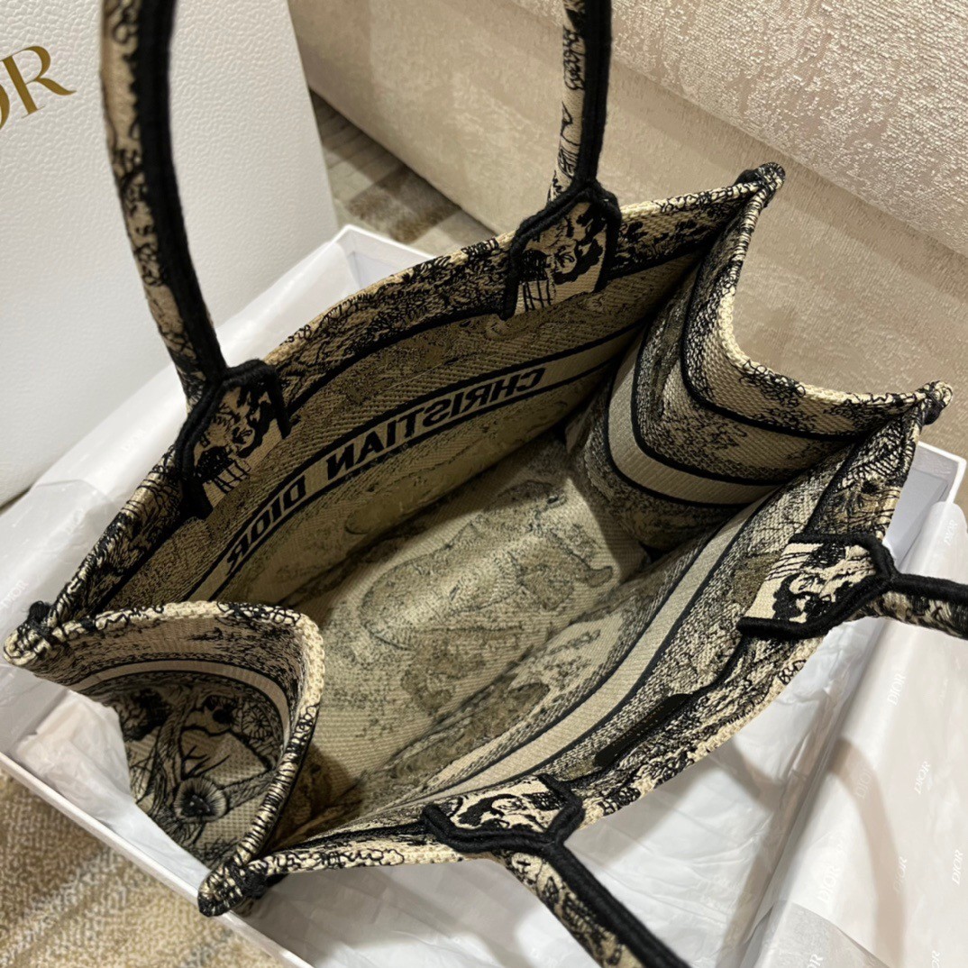 D*or small book tote bag in brown toile de jouy embroidery