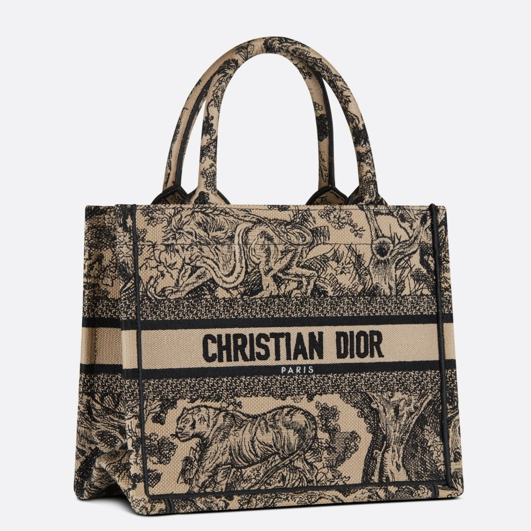 D*or small book tote bag in brown toile de jouy embroidery