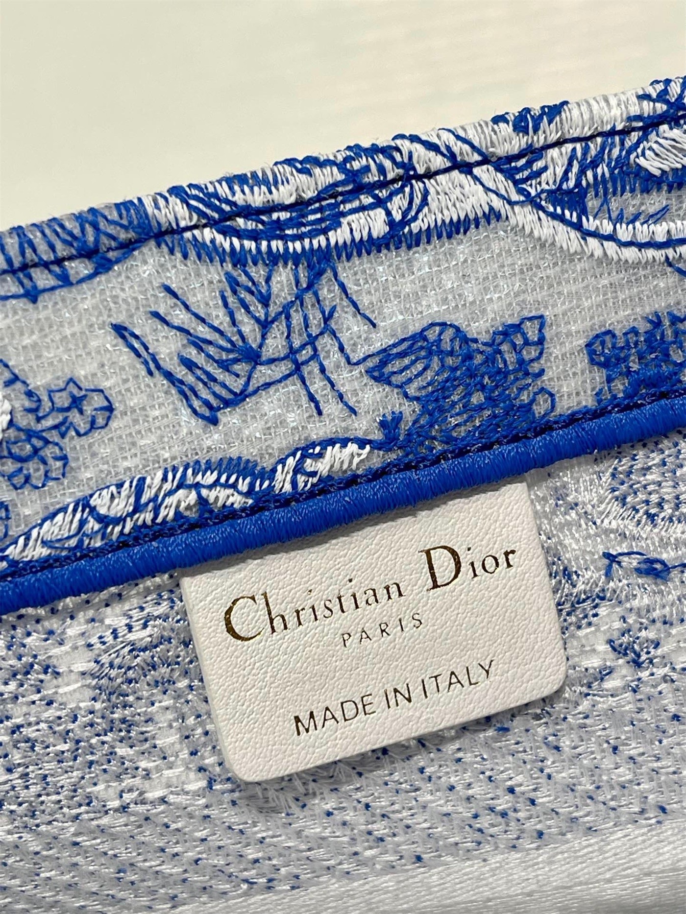 D*or small book tote bag in blue transparent toile de jouy canvas