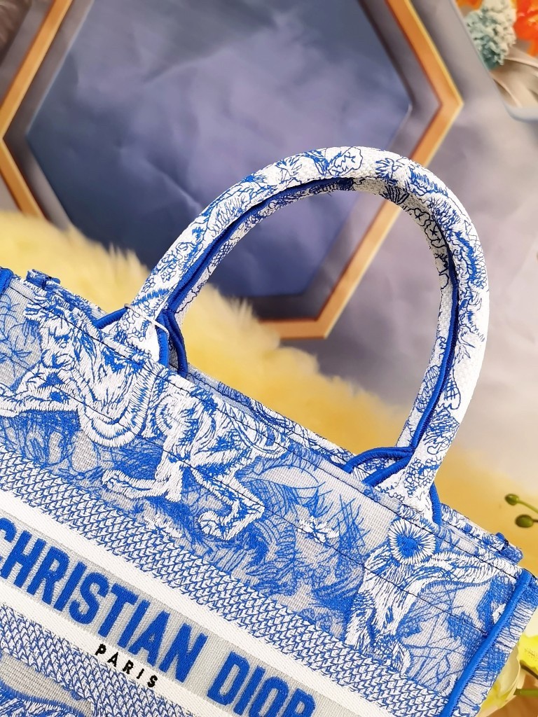 D*or small book tote bag in blue transparent toile de jouy canvas