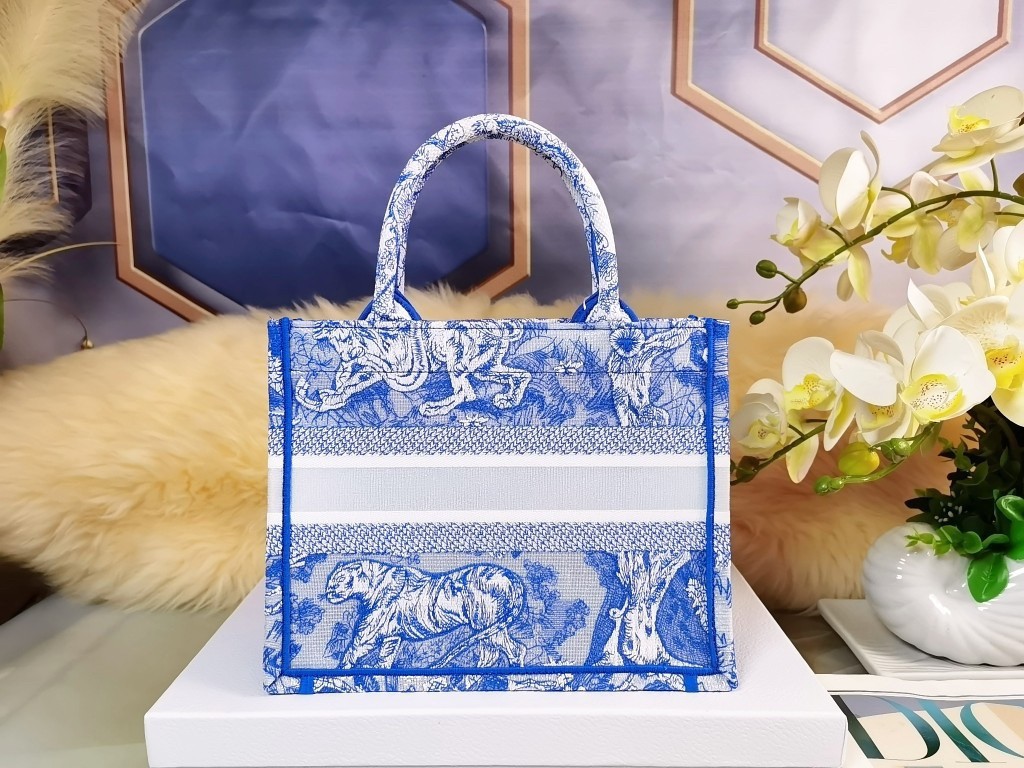 D*or small book tote bag in blue transparent toile de jouy canvas