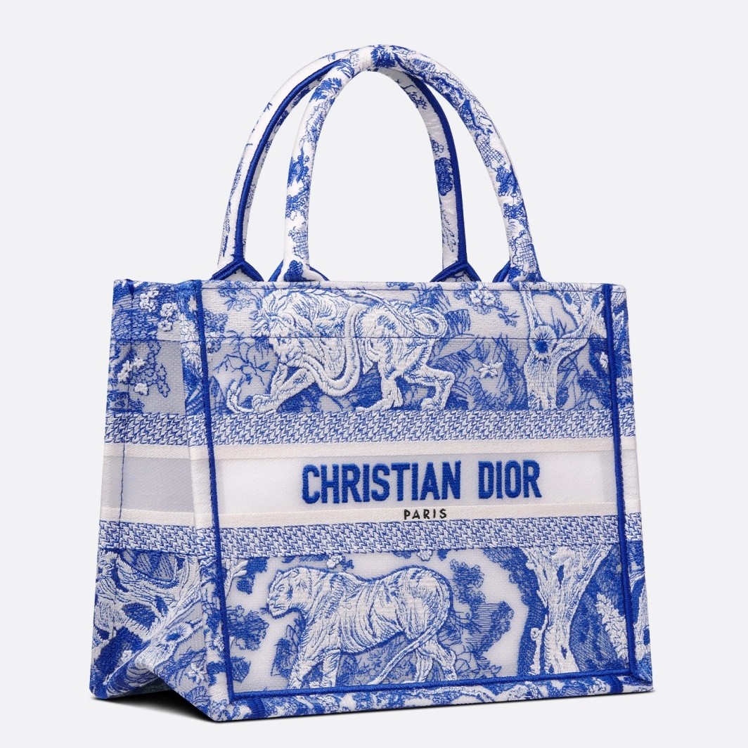 D*or small book tote bag in blue transparent toile de jouy canvas