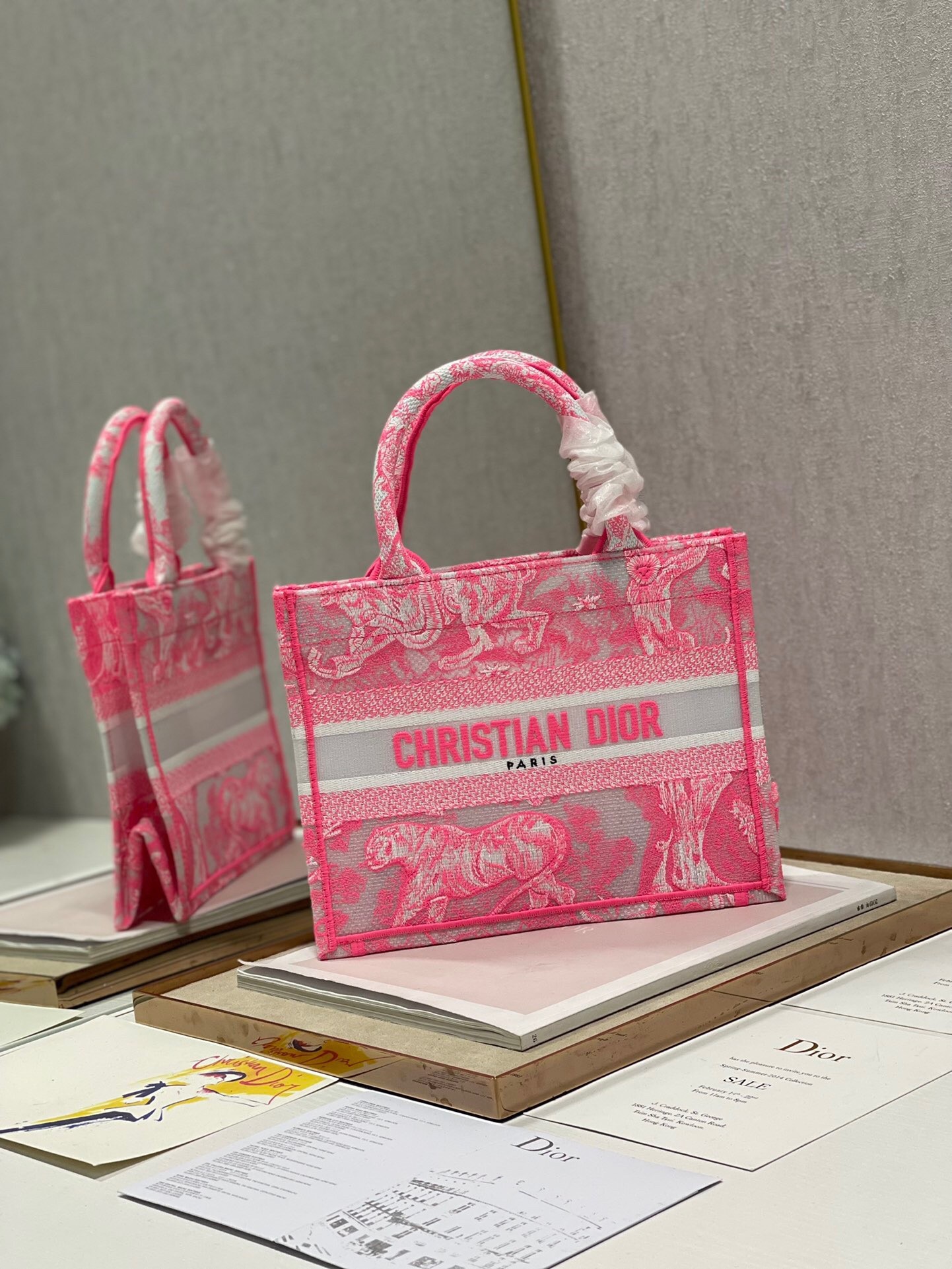 D*or small book tote bag in pink transparent toile de jouy canvas