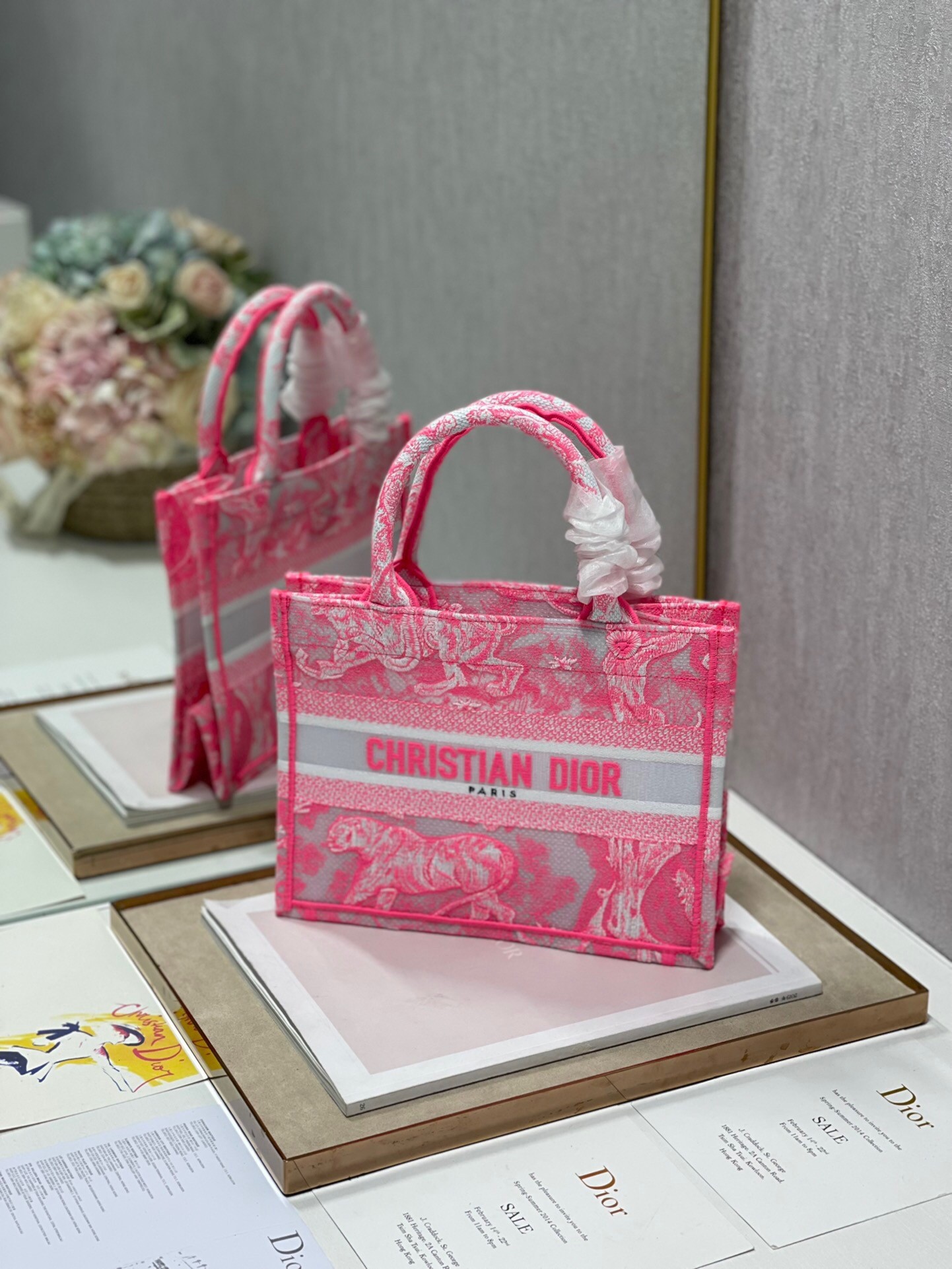D*or small book tote bag in pink transparent toile de jouy canvas