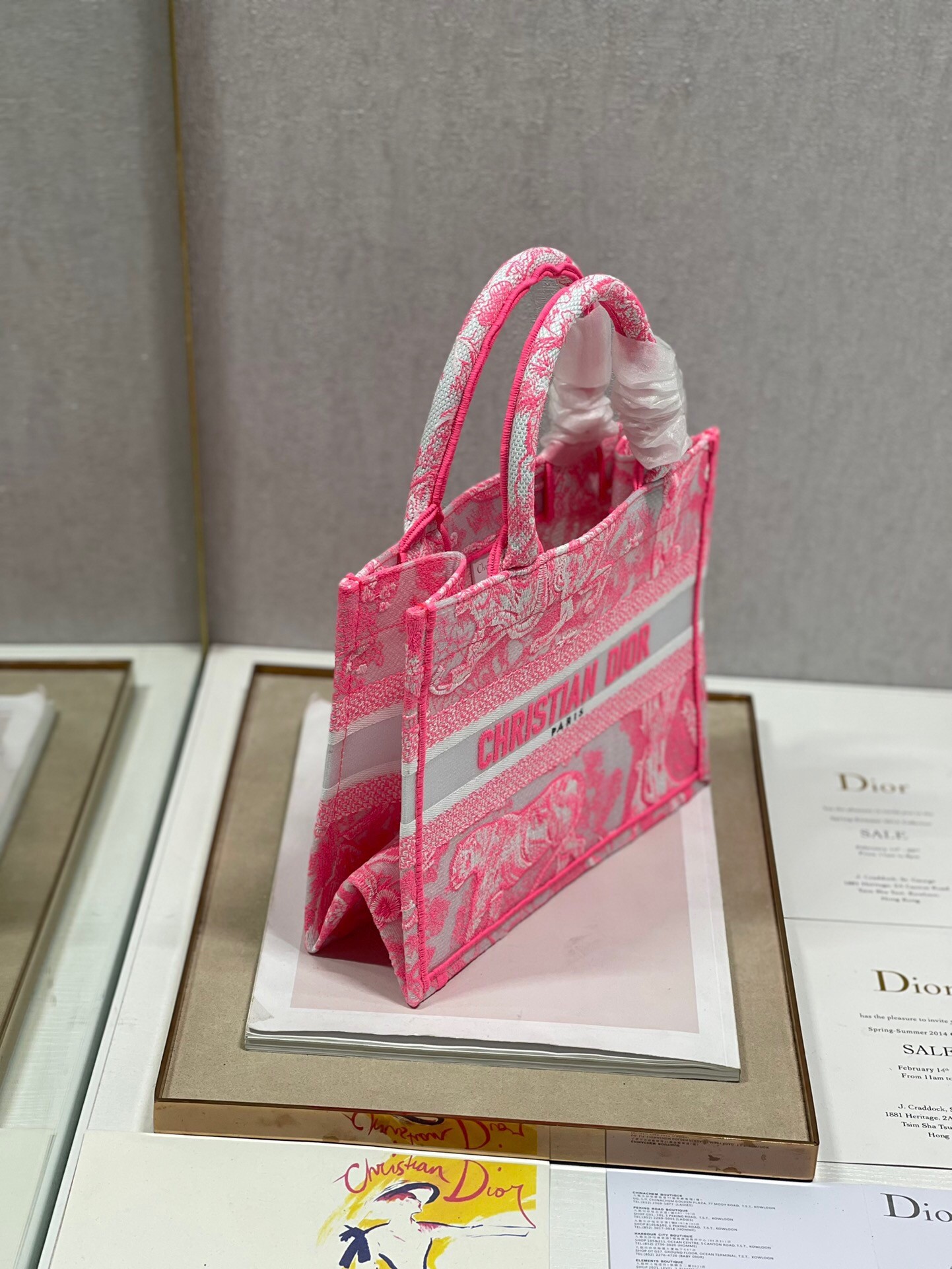 D*or small book tote bag in pink transparent toile de jouy canvas