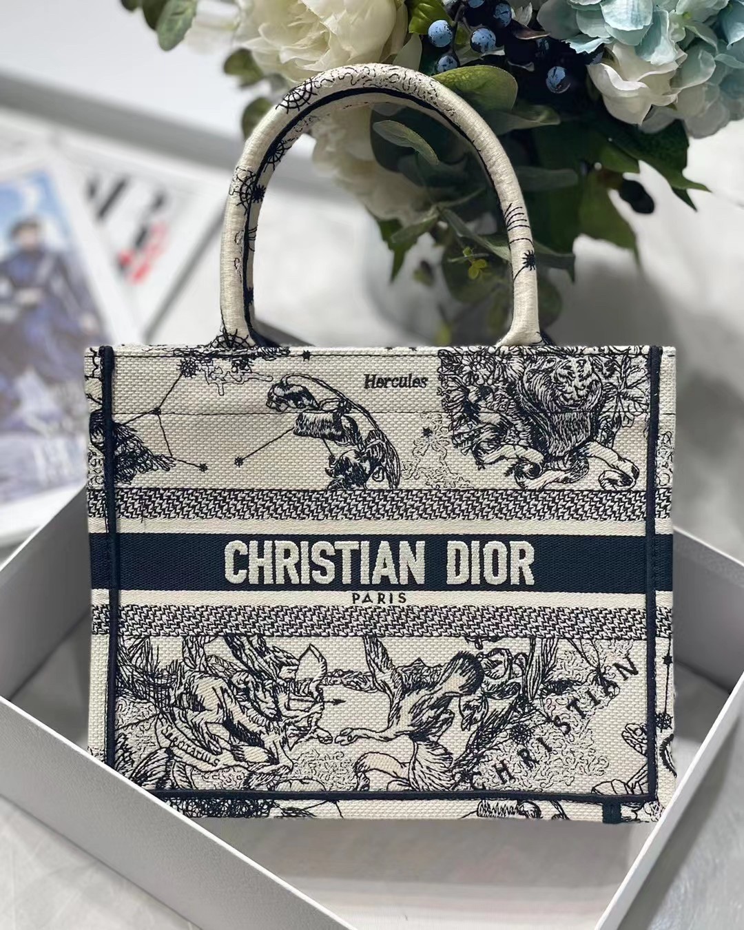 D*or new small book tote in white toile de jouy zodiac embroidery