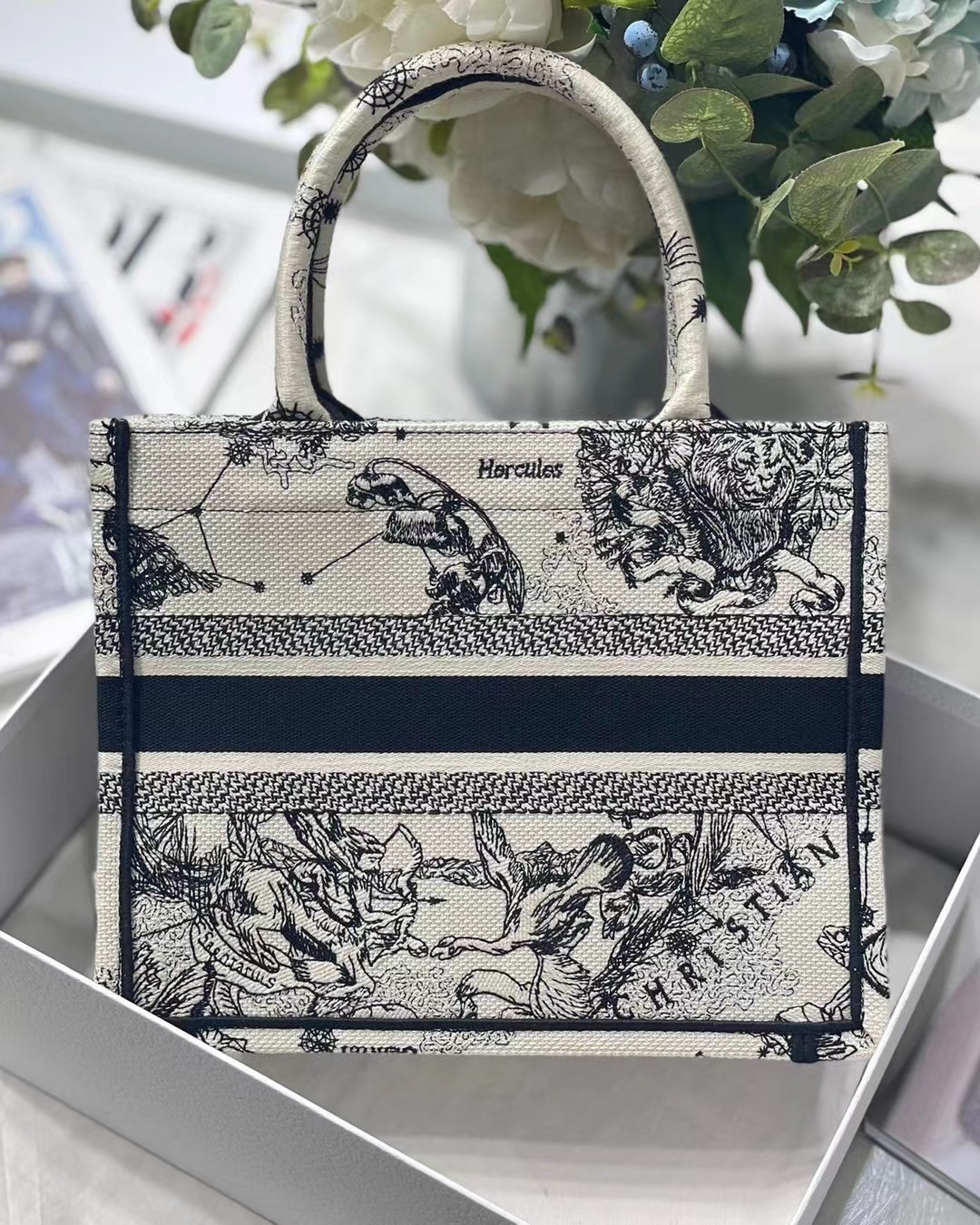 D*or new small book tote in white toile de jouy zodiac embroidery